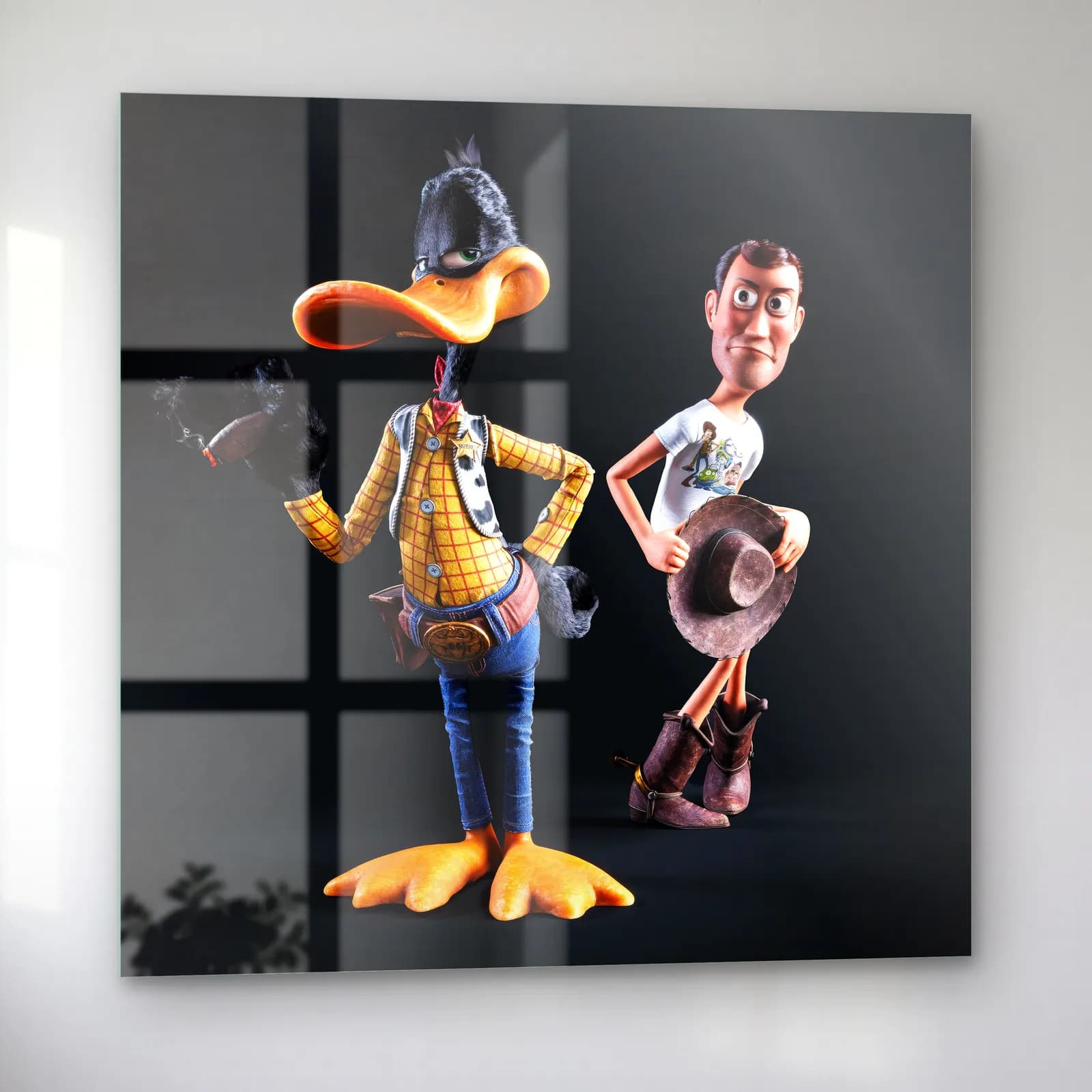 Kovboy Daffy Duck ve Woody cam tablo — sol açıdan görünüm