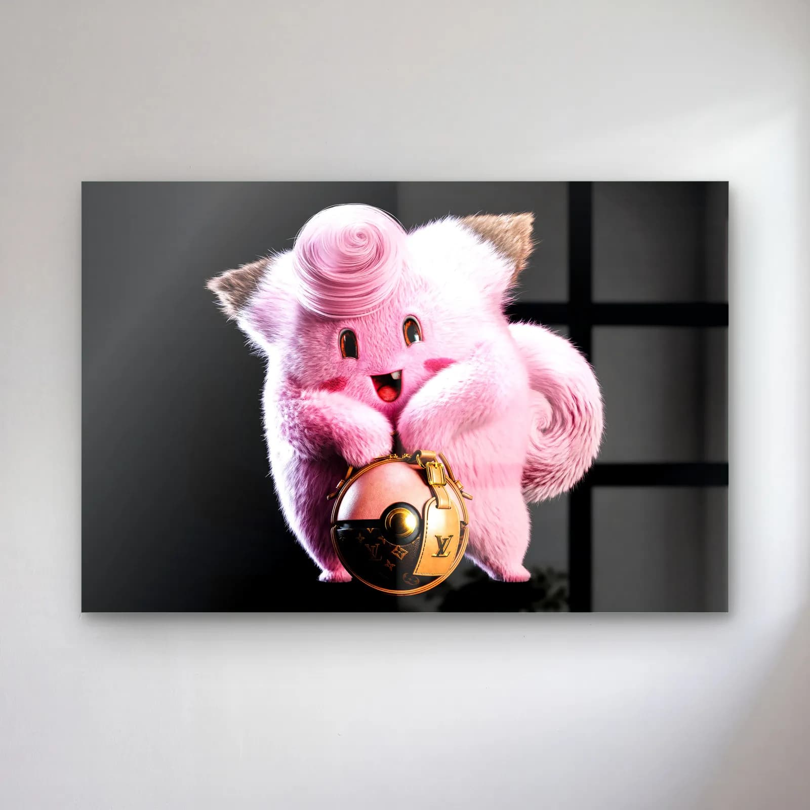 Louis Vuitton Desenli 3D Clefairy cam tablo — Siyah zeminde Louis Vuitton desenli top tutan pembe tüylü 3D Pokemon