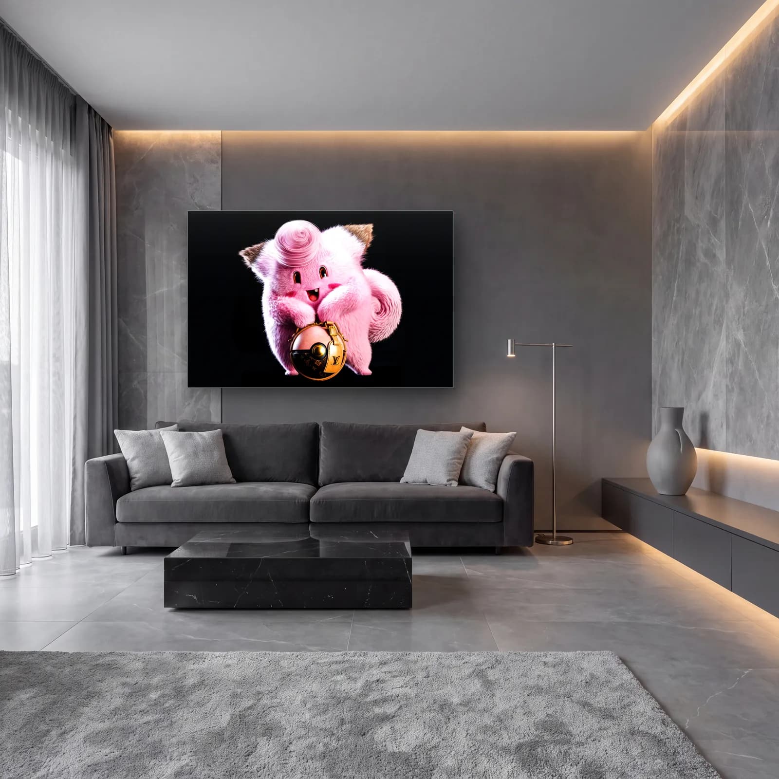 Louis Vuitton Desenli 3D Clefairy cam tablo — lüks salon duvarında