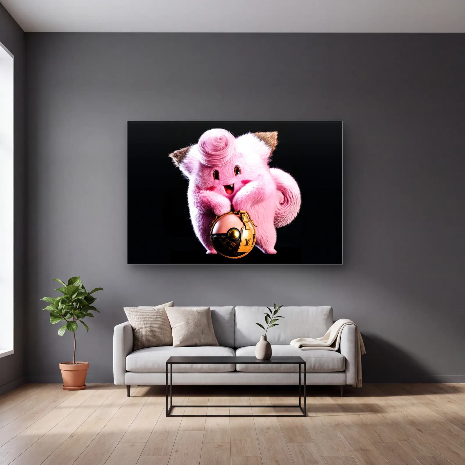 Louis Vuitton Desenli 3D Clefairy cam tablo — gri duvarlı salonda