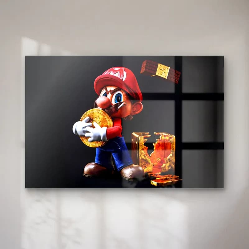 Altın Paralı 3D Mario cam tablo — Siyah zeminde altın para tutan 3D Mario ve yanında altın dolu kutu