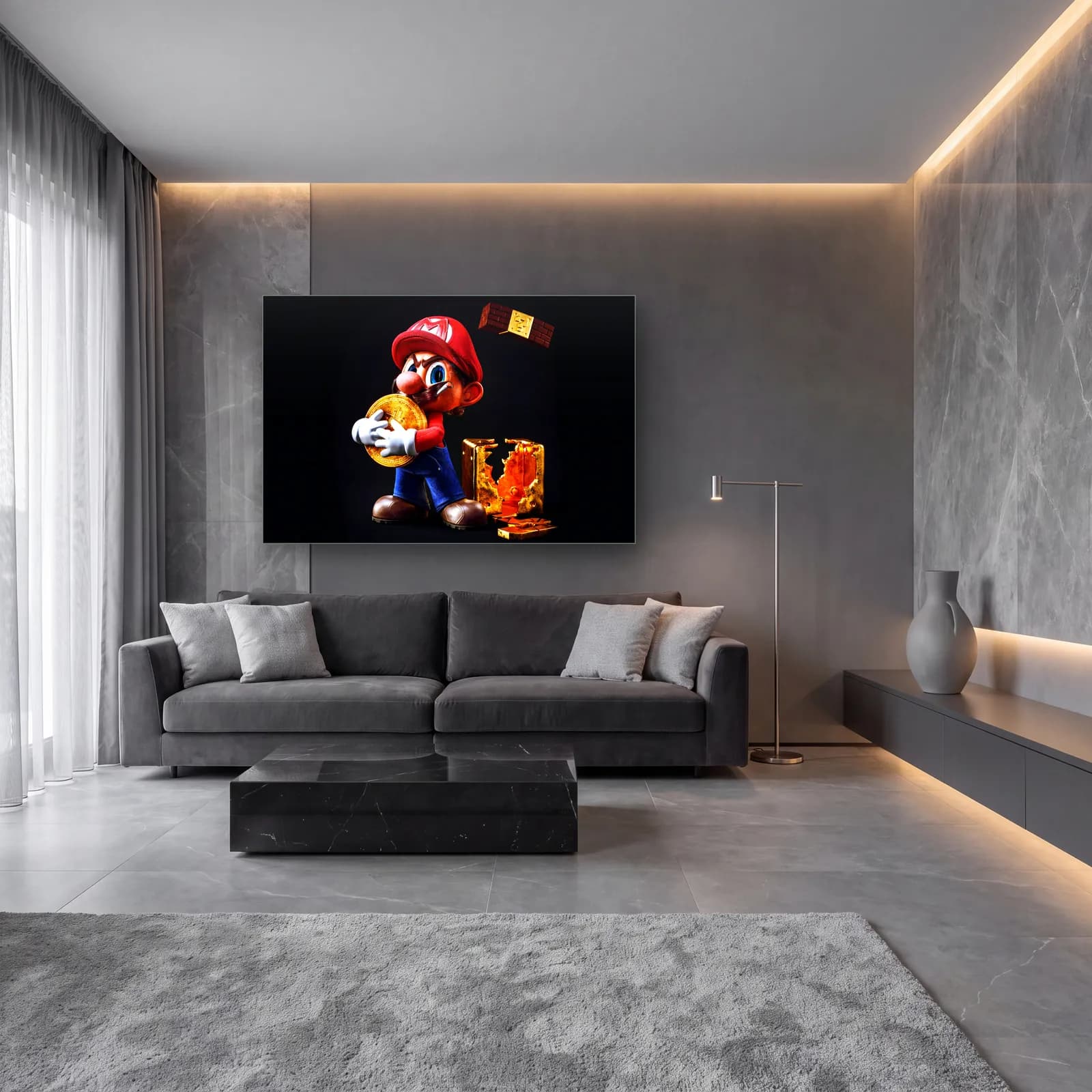 Altın Paralı 3D Mario cam tablo — lüks salon duvarında