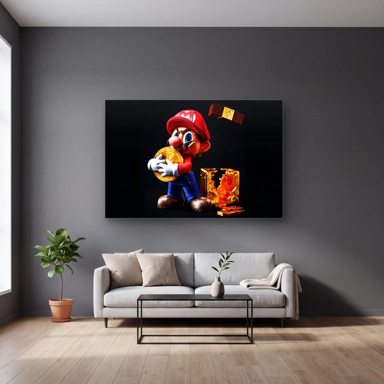 Altın Paralı 3D Mario cam tablo — gri duvarlı salonda