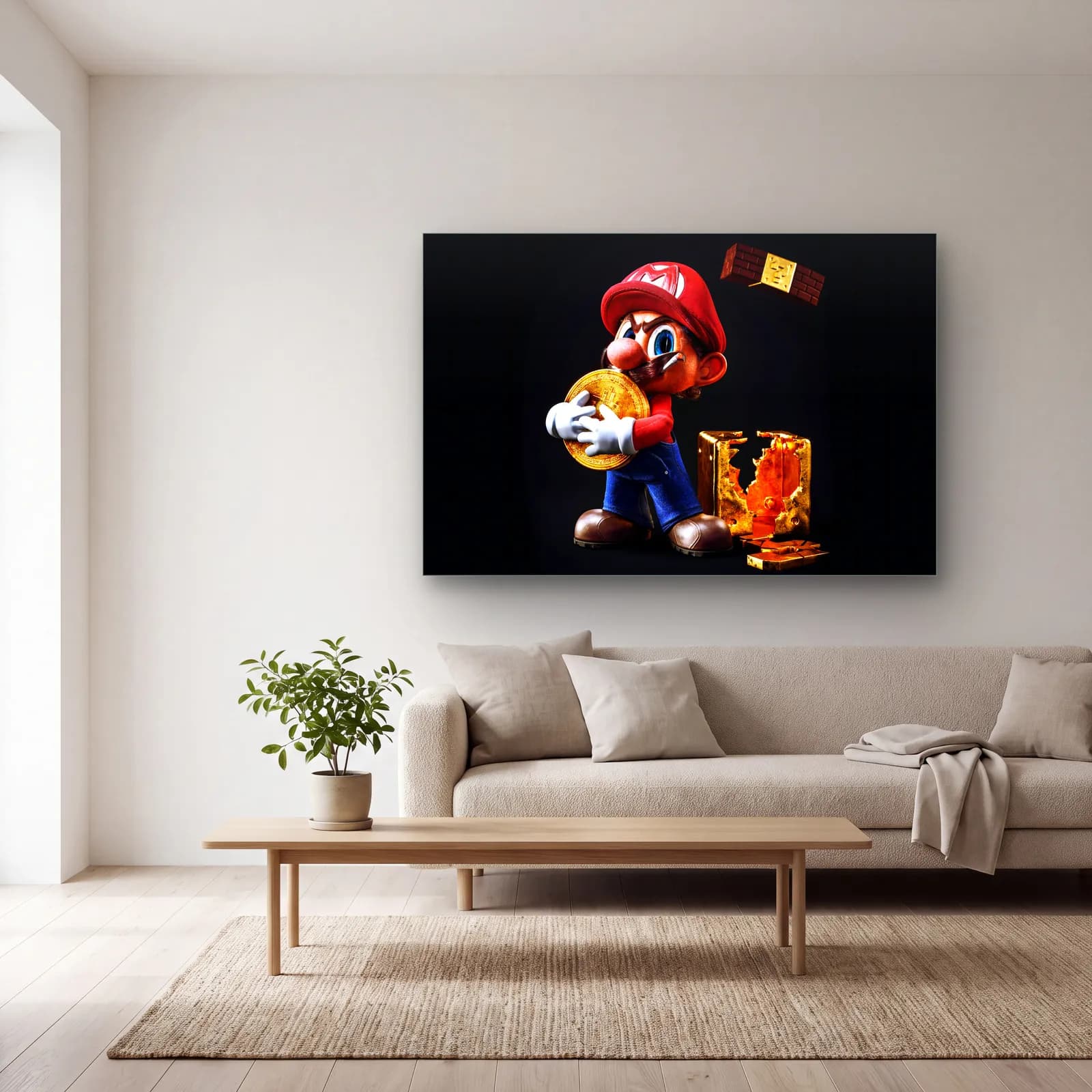Altın Paralı 3D Mario cam tablo — açık renk salonda