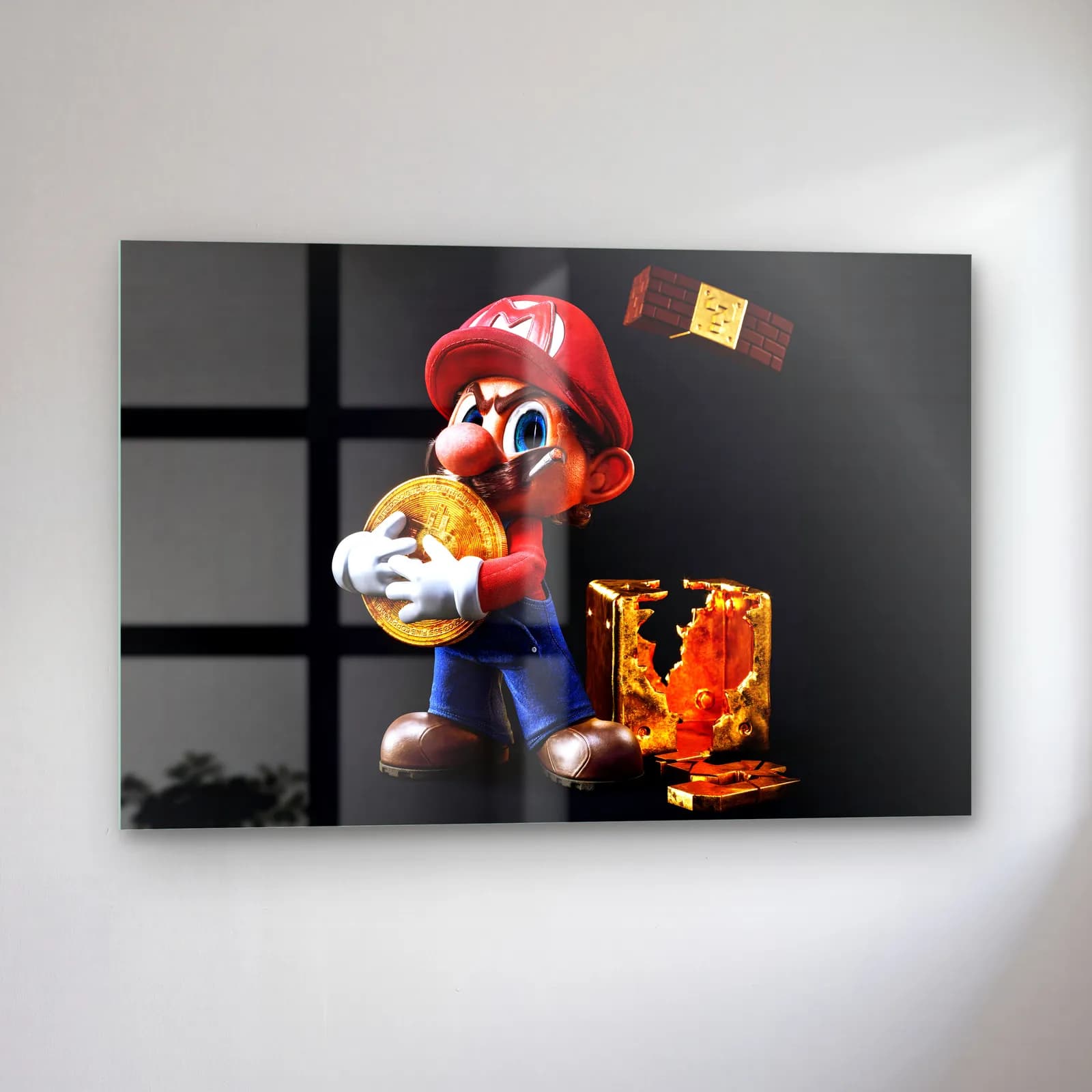 Altın Paralı 3D Mario cam tablo — sol açıdan görünüm