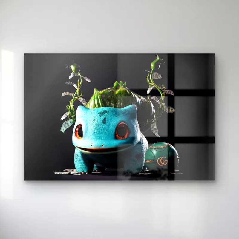 Gucci Detaylı 3D Bulbasaur cam tablo — Siyah zeminde sırtında dolarlı bitki olan 3D Bulbasaur ve desenli top