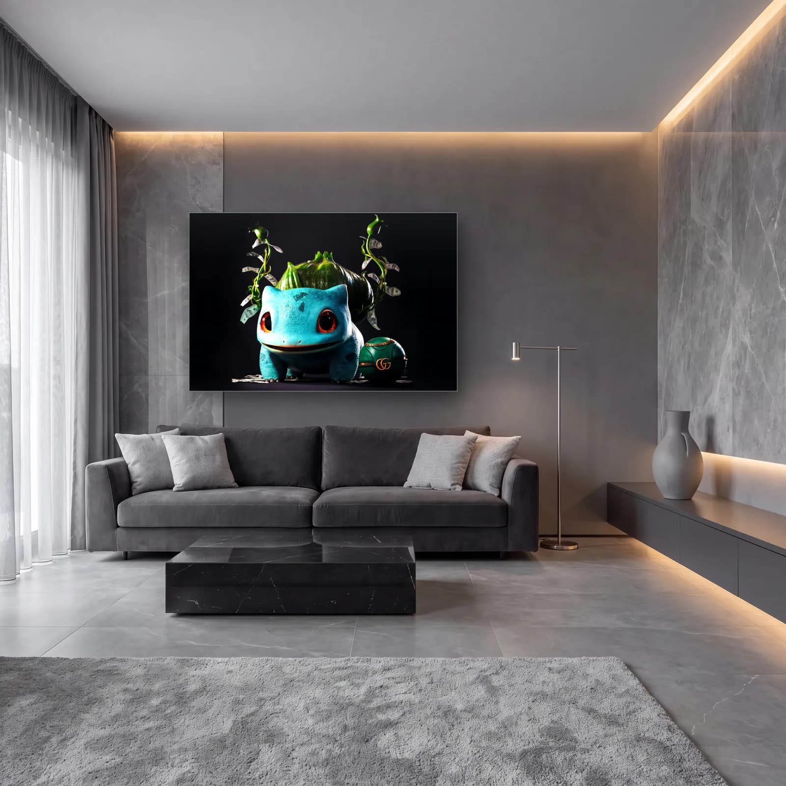 Gucci Detaylı 3D Bulbasaur cam tablo — lüks salon duvarında