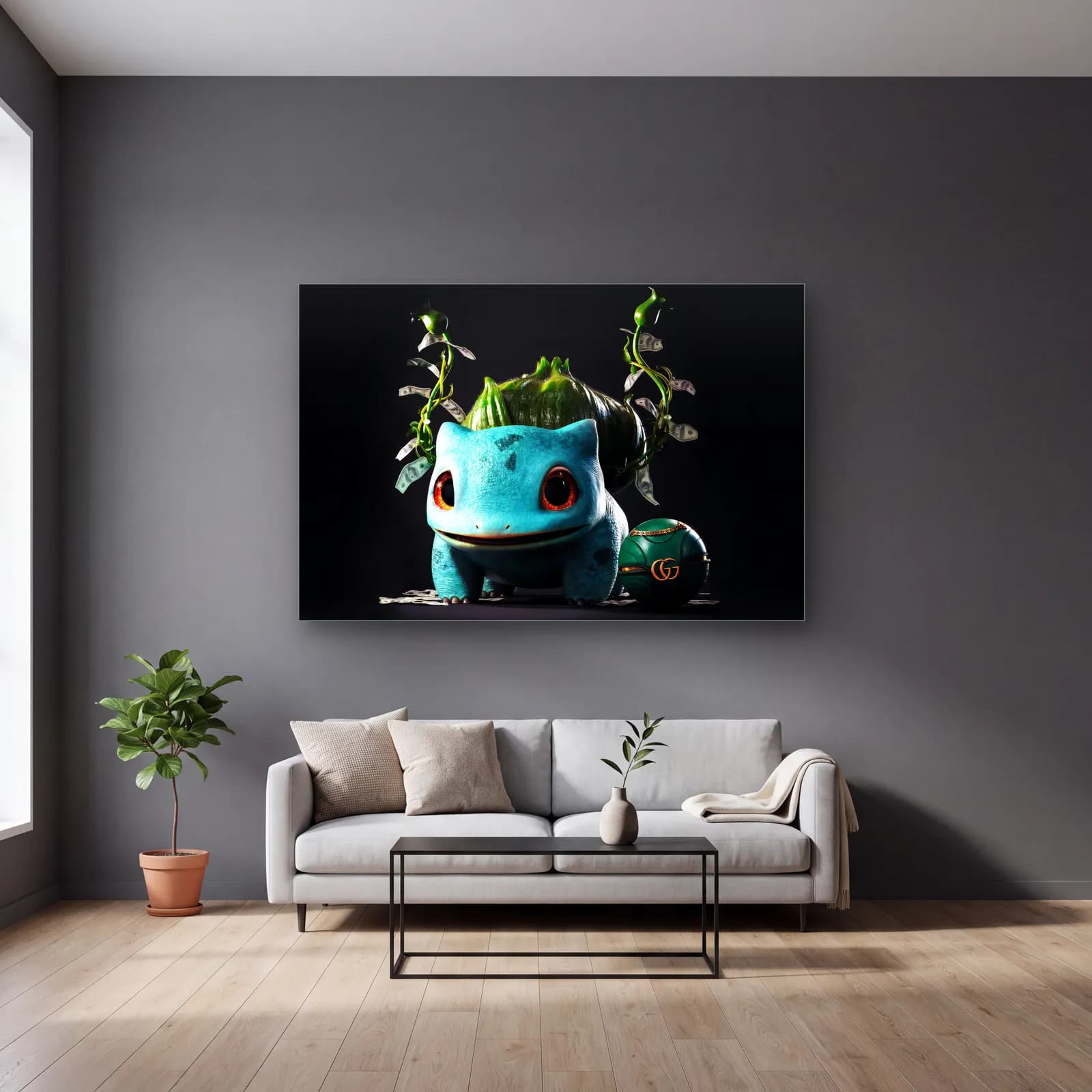 Gucci Detaylı 3D Bulbasaur cam tablo — gri duvarlı salonda