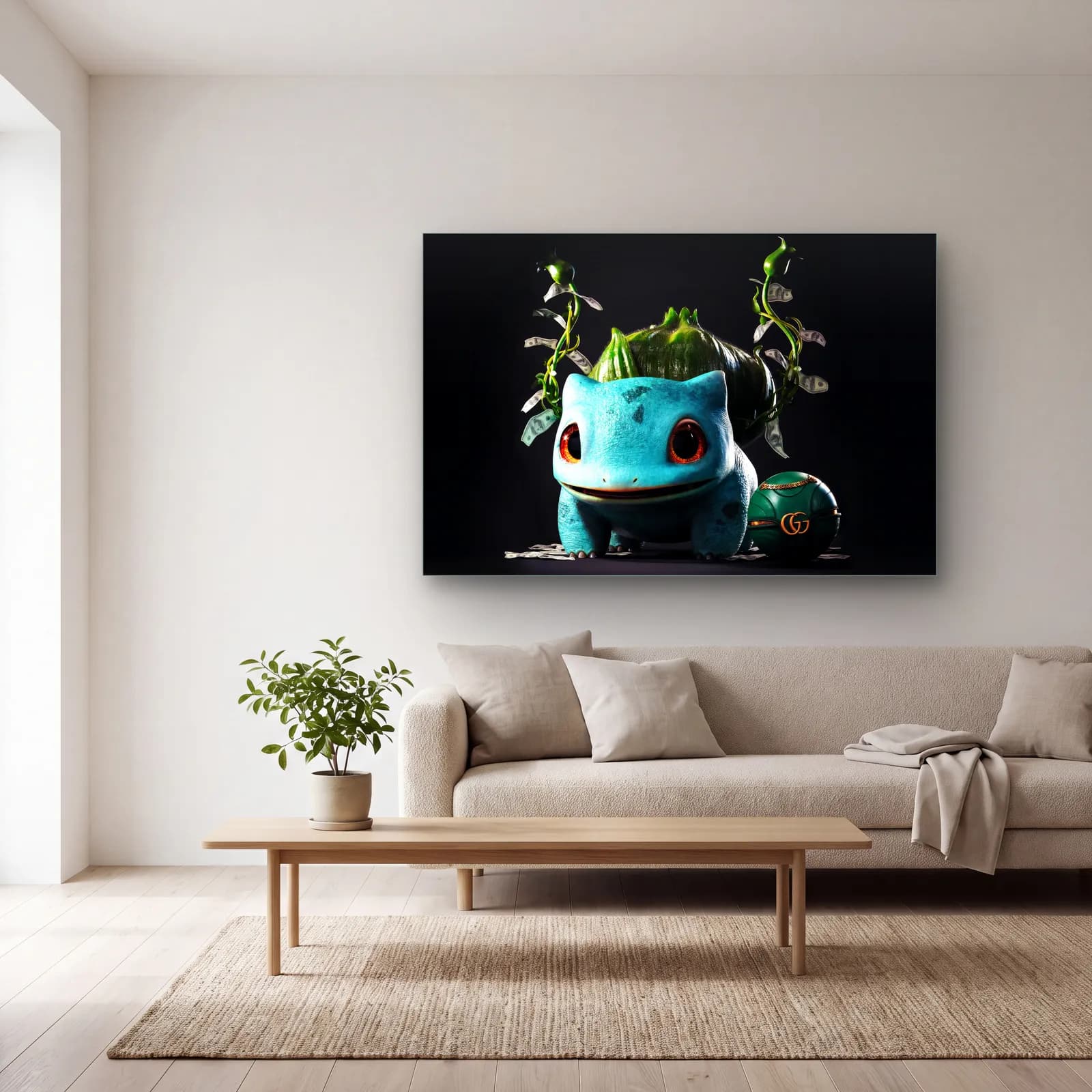 Gucci Detaylı 3D Bulbasaur cam tablo — açık renk salonda