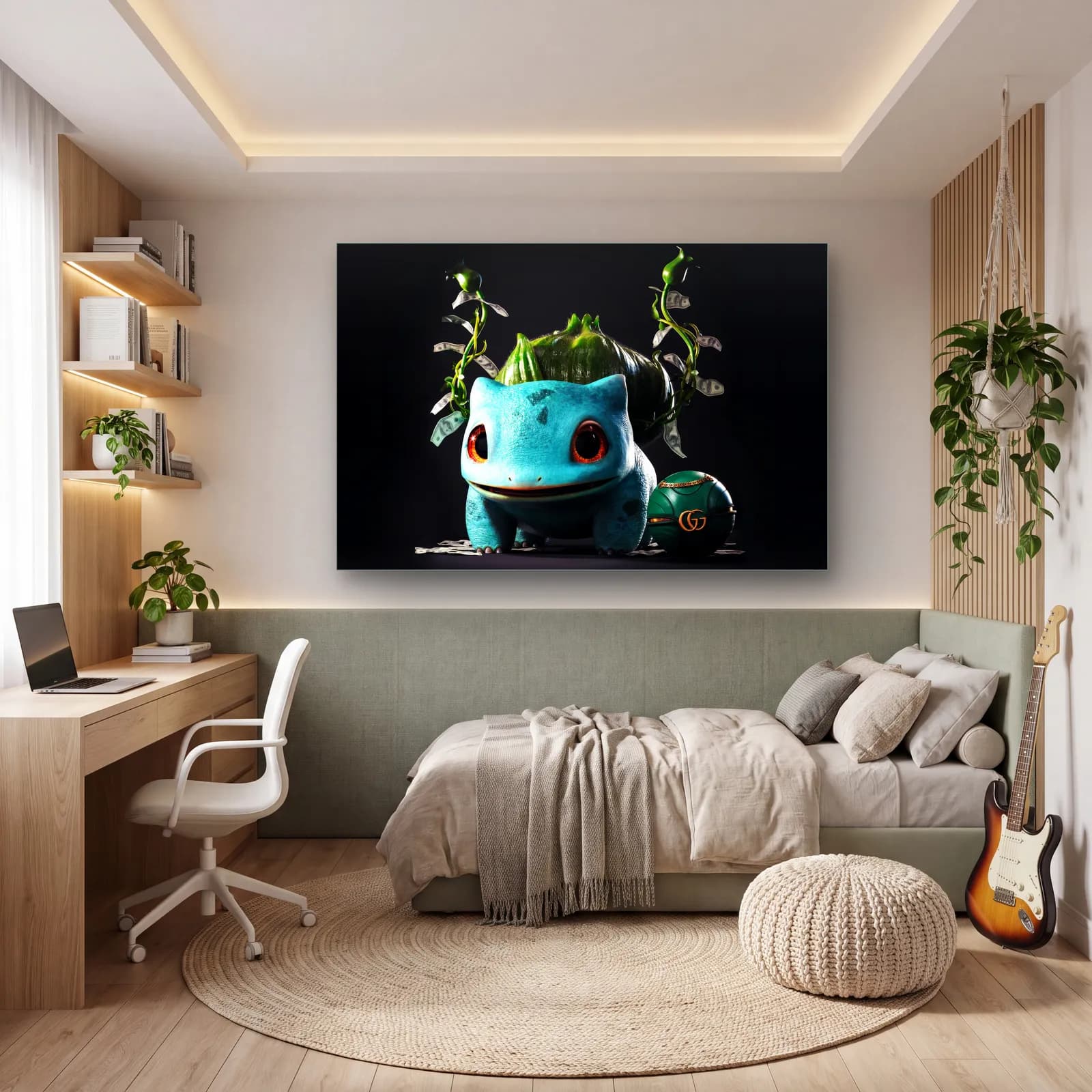 Gucci Detaylı 3D Bulbasaur cam tablo — genç odasında
