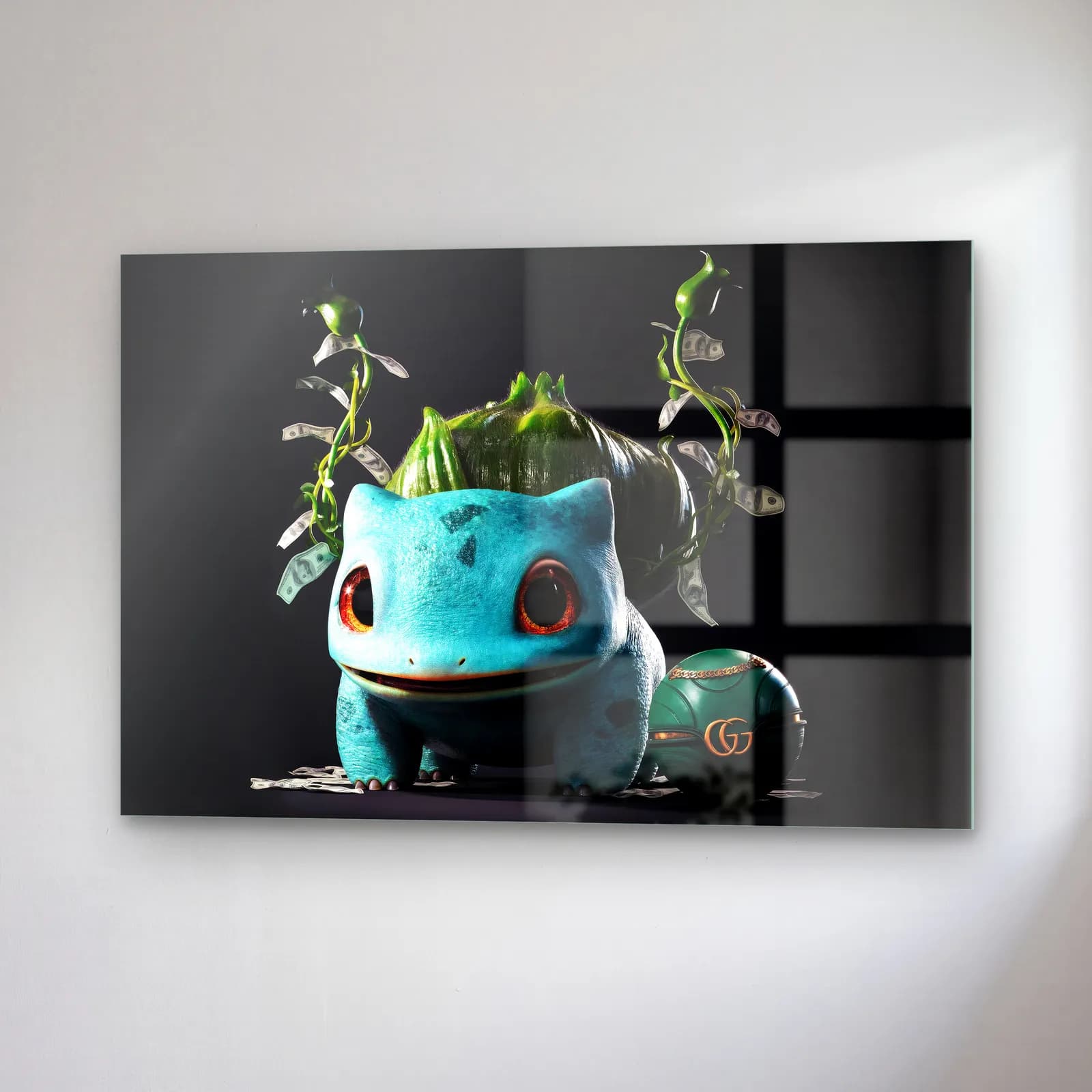 Gucci Detaylı 3D Bulbasaur cam tablo — sağ açıdan görünüm