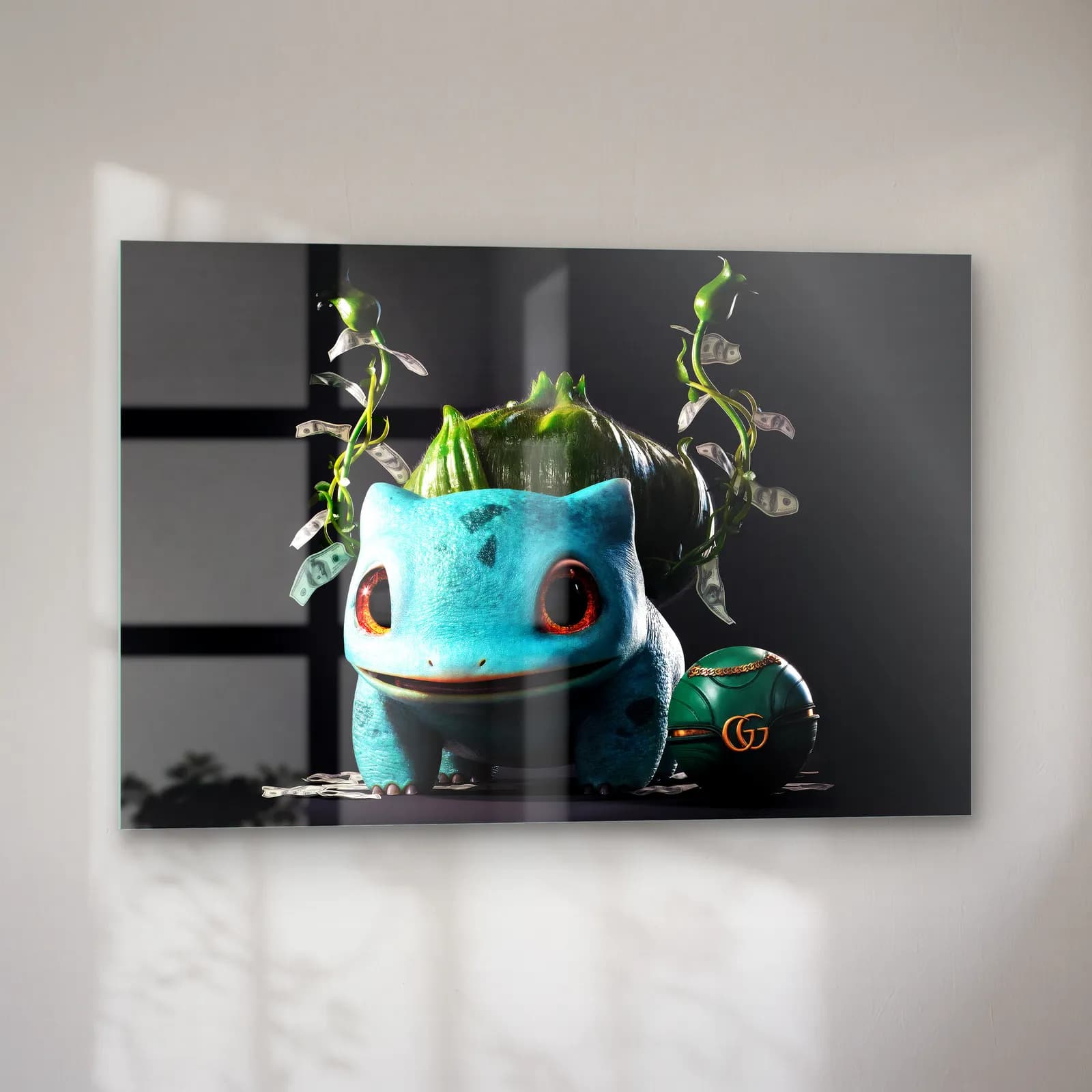 Gucci Detaylı 3D Bulbasaur cam tablo — sol açıdan görünüm