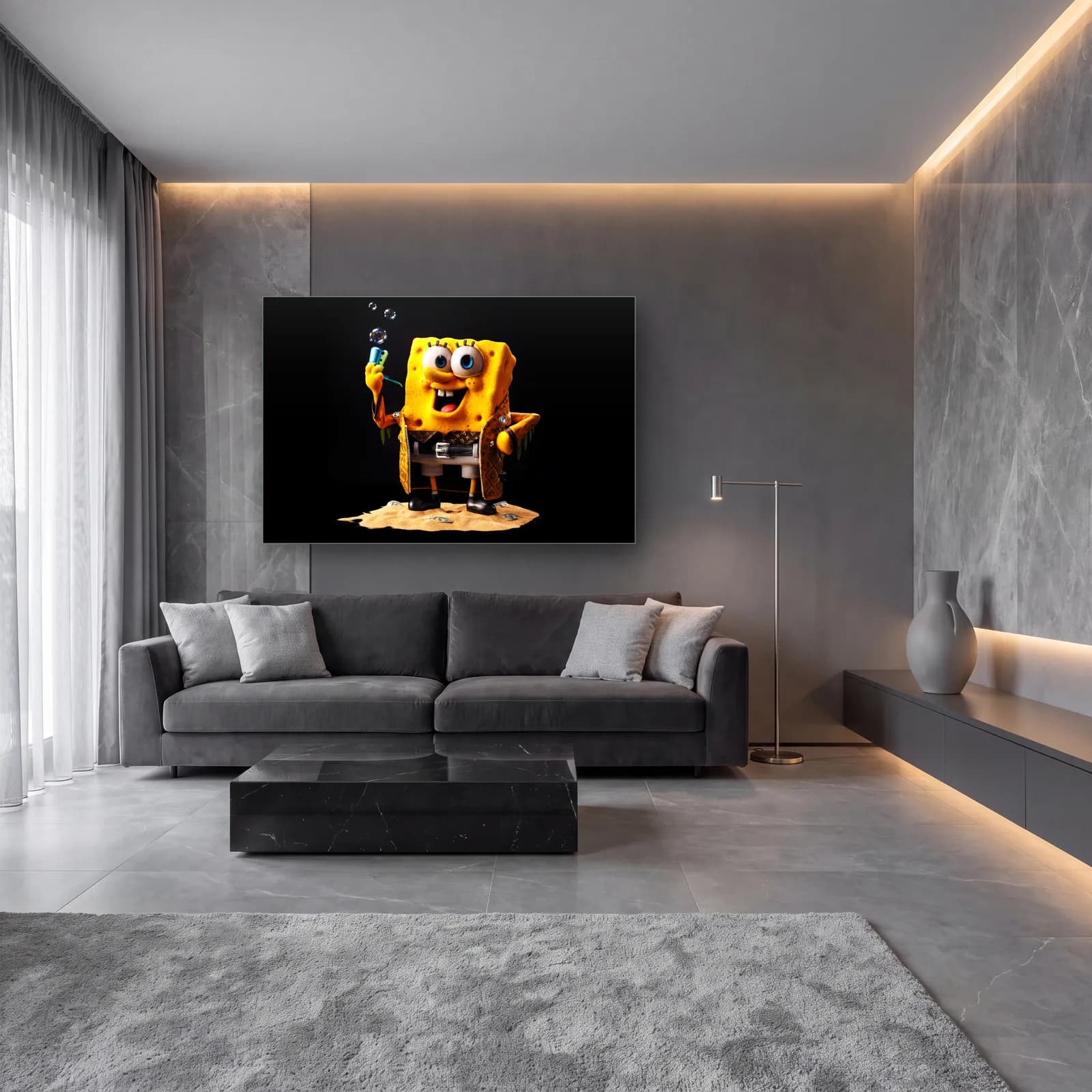 Baloncuklu 3D SüngerBob cam tablo — lüks salon duvarında