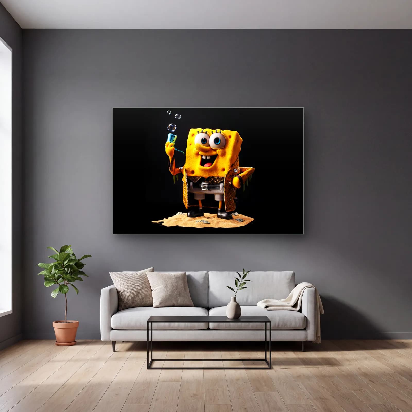 Baloncuklu 3D SüngerBob cam tablo — gri duvarlı salonda