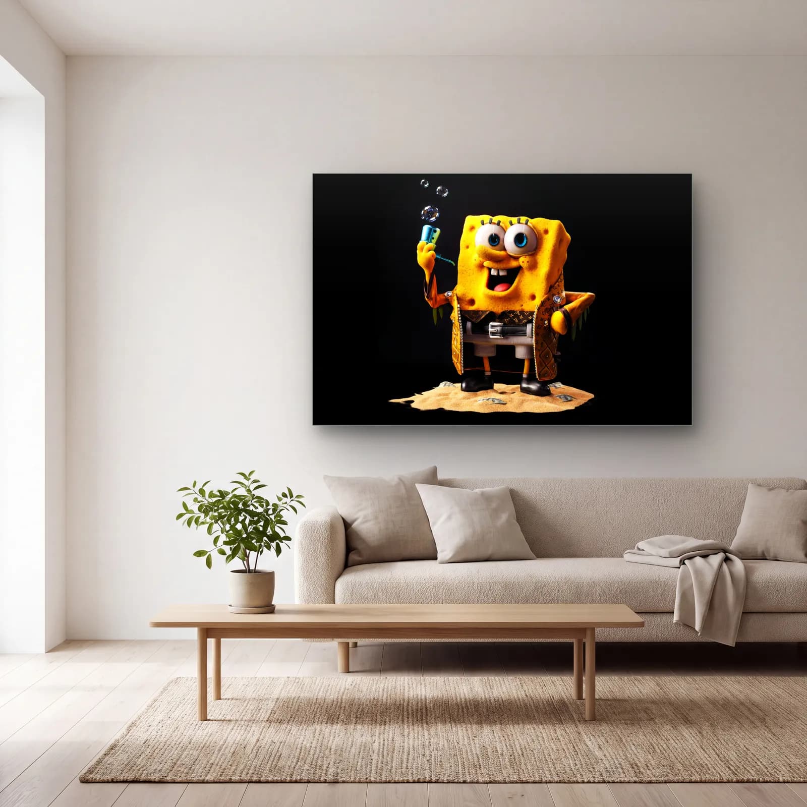 Baloncuklu 3D SüngerBob cam tablo — açık renk salonda