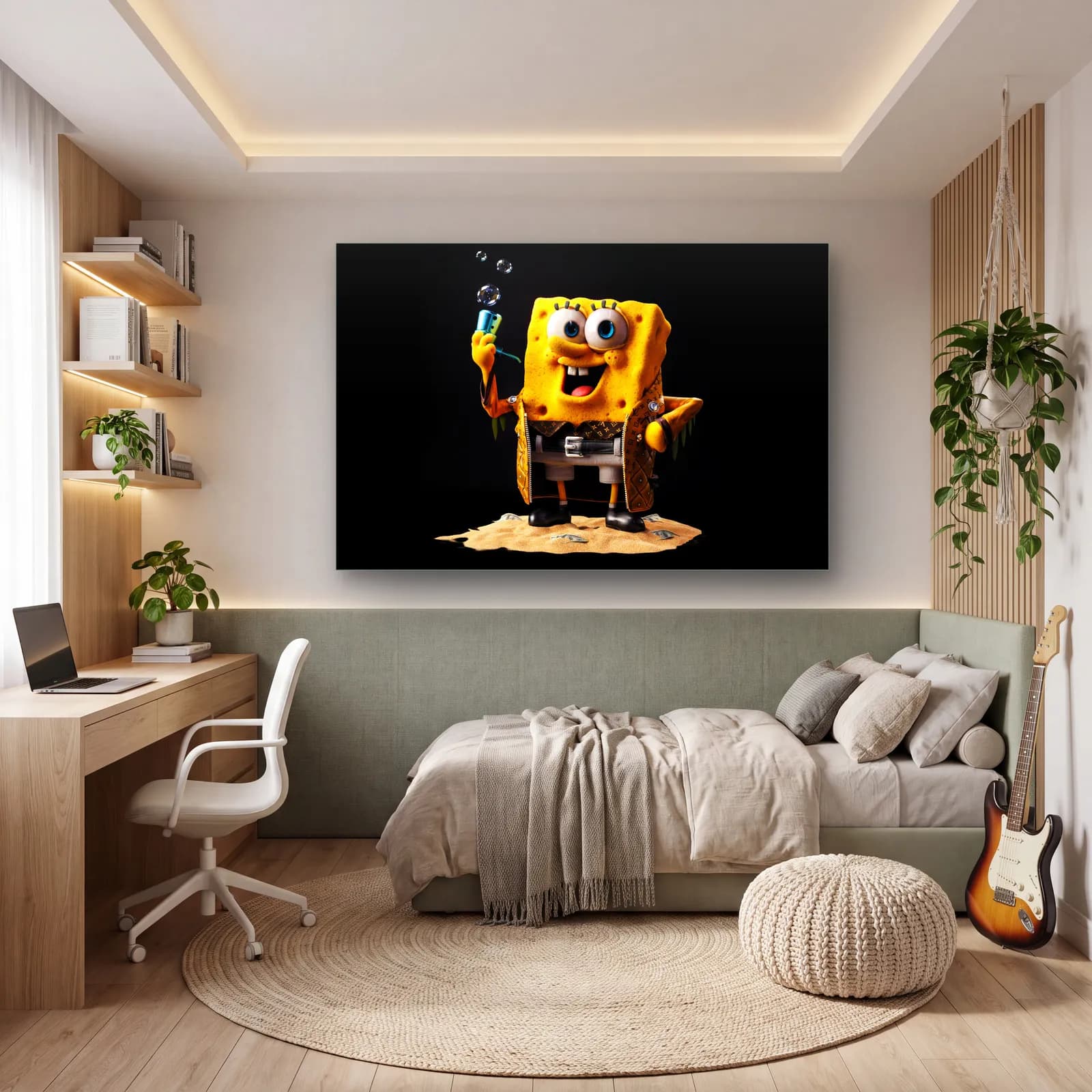 Baloncuklu 3D SüngerBob cam tablo — genç odasında