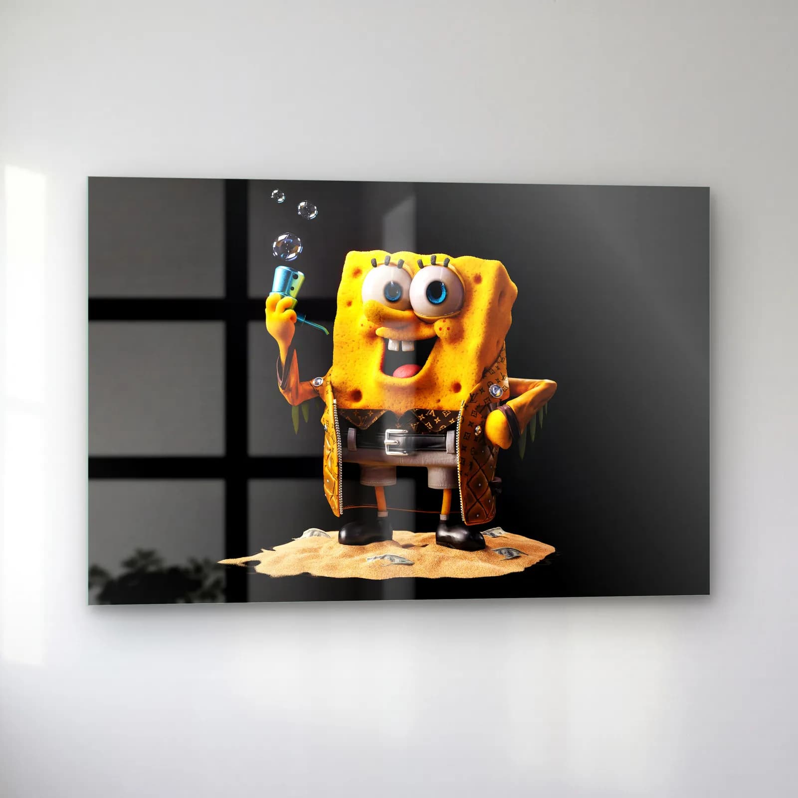 Baloncuklu 3D SüngerBob cam tablo — sol açıdan görünüm