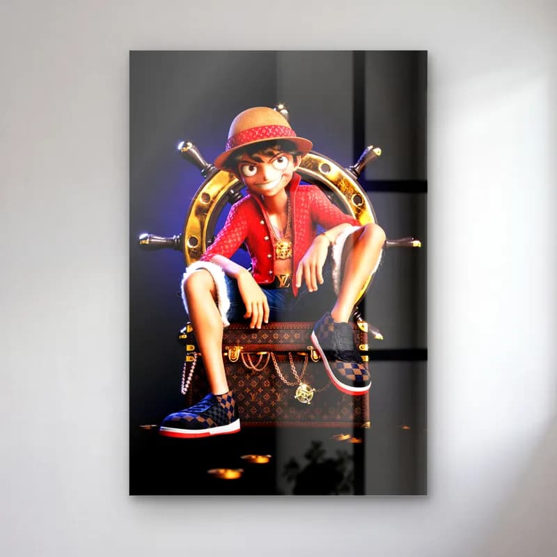 Louis Vuitton Sandıklı 3D Luffy cam tablo — Gemi dümeni önünde desenli sandık üzerinde oturan hasır şapkalı 3D Luffy