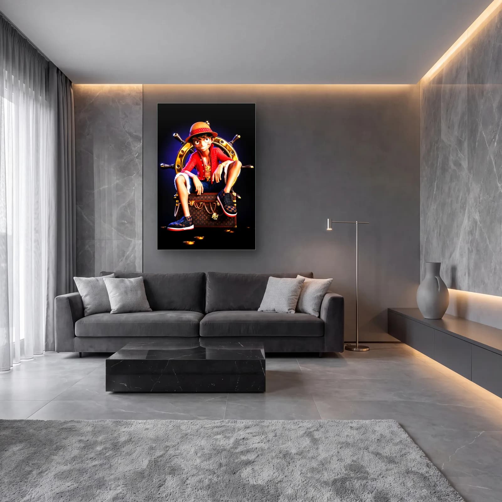 Louis Vuitton Sandıklı 3D Luffy cam tablo — lüks salon duvarında
