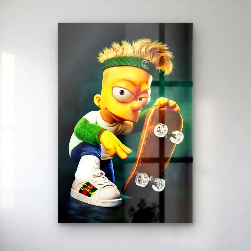 Kaykaylı 3D Bart Simpson cam tablo — Yeşil saç bantlı, elinde kaykay tutan 3D Bart Simpson