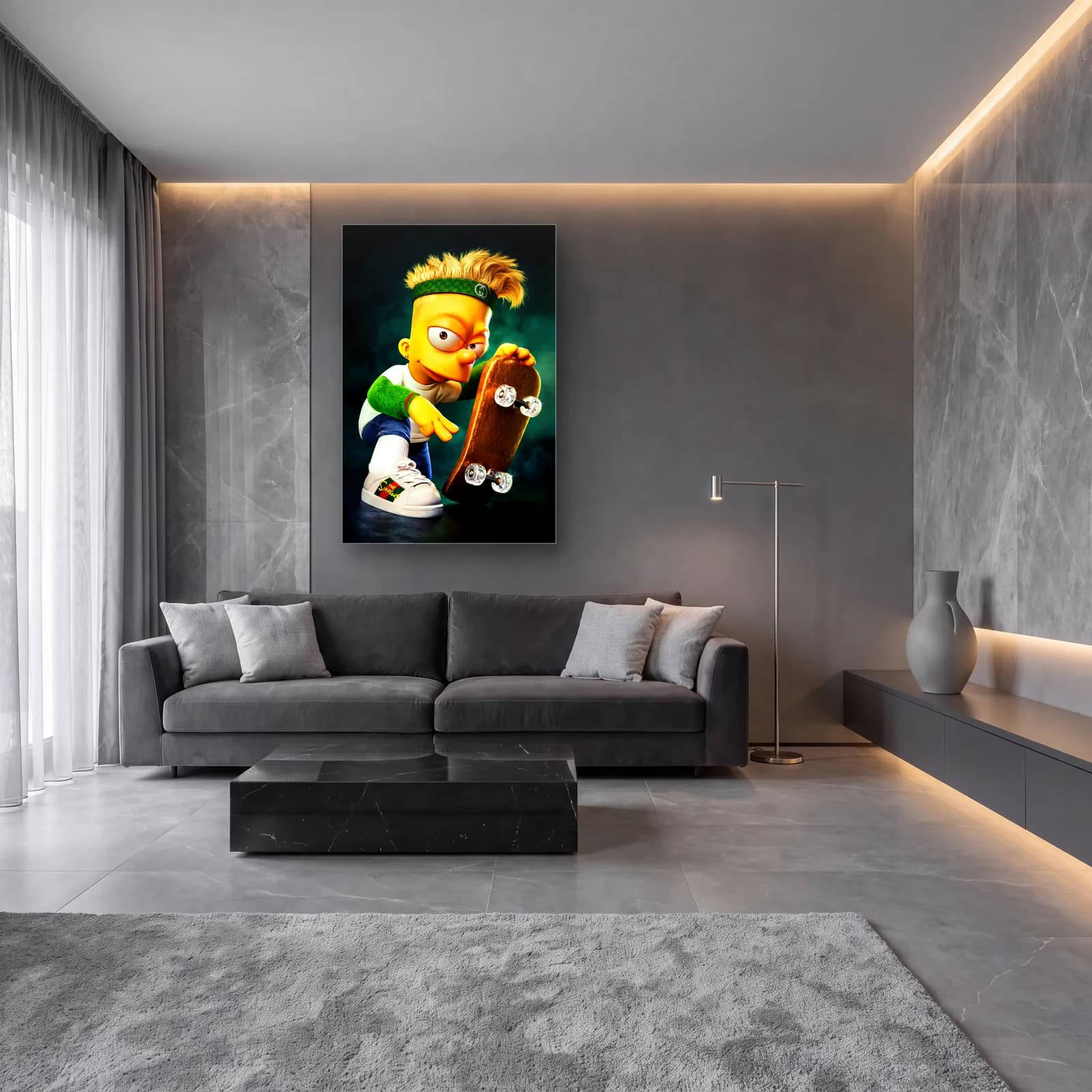 Kaykaylı 3D Bart Simpson cam tablo — lüks salon duvarında