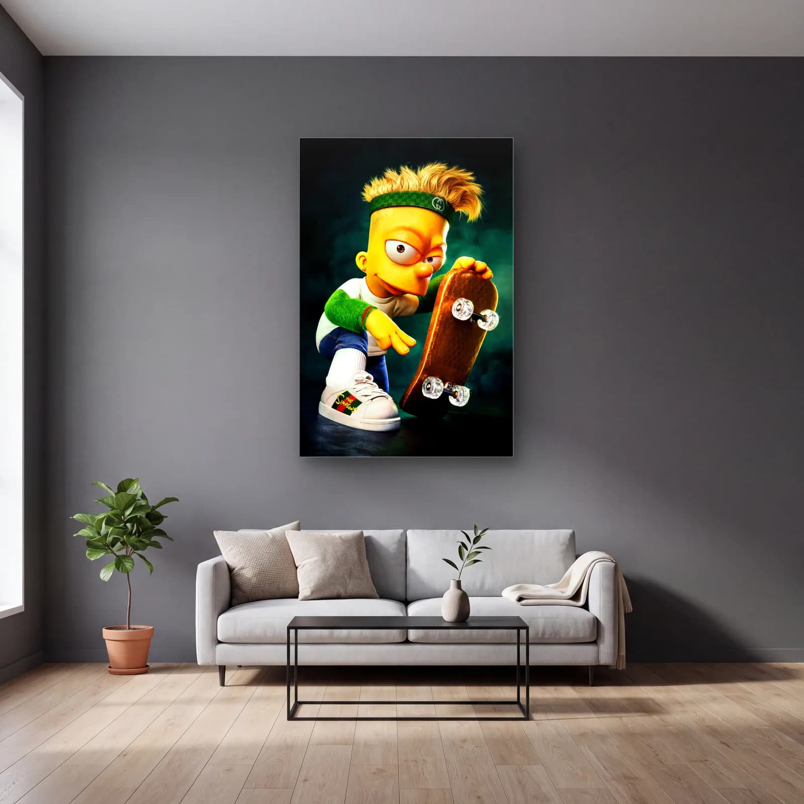 Kaykaylı 3D Bart Simpson cam tablo — gri duvarlı salonda