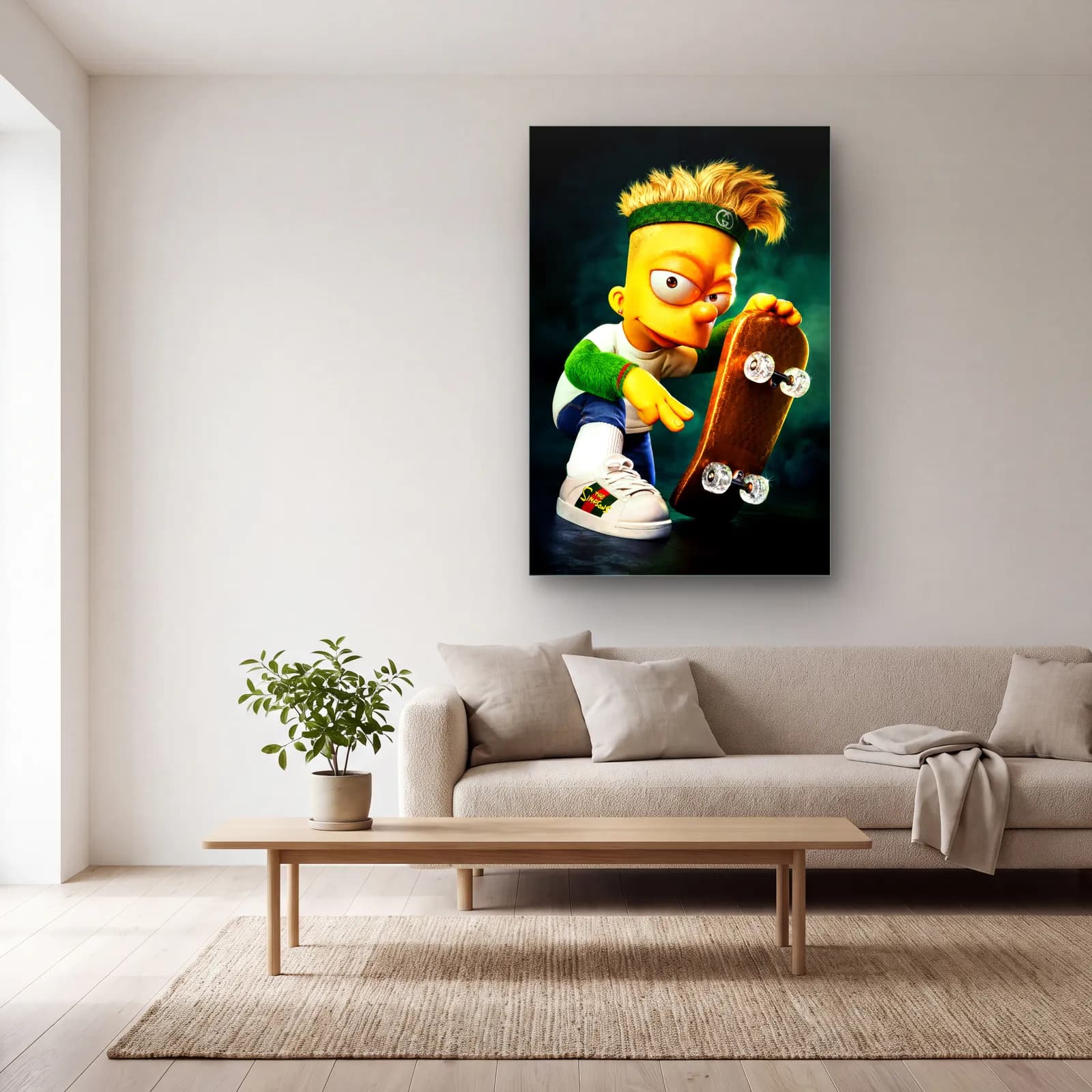 Kaykaylı 3D Bart Simpson cam tablo — açık renk salonda