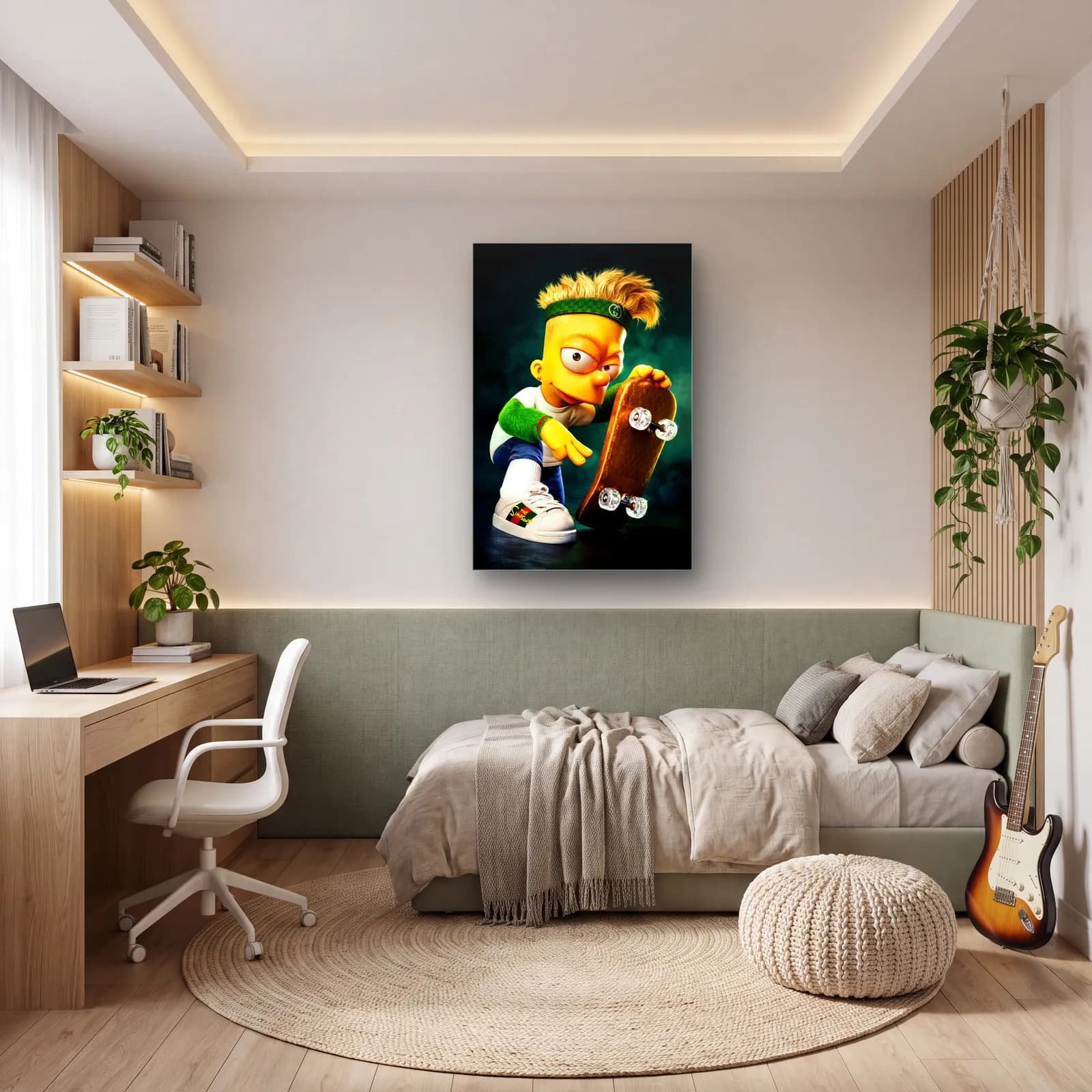 Kaykaylı 3D Bart Simpson cam tablo — genç odasında