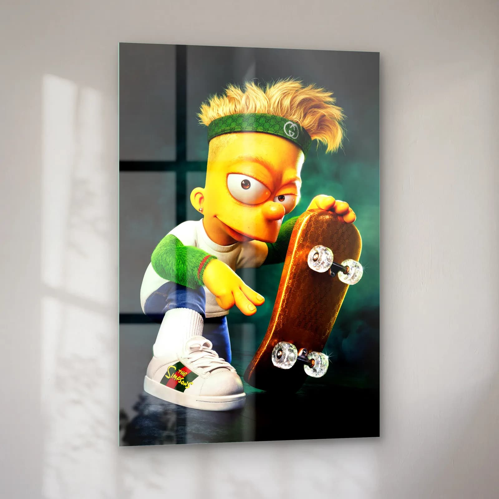 Kaykaylı 3D Bart Simpson cam tablo — sol açıdan görünüm