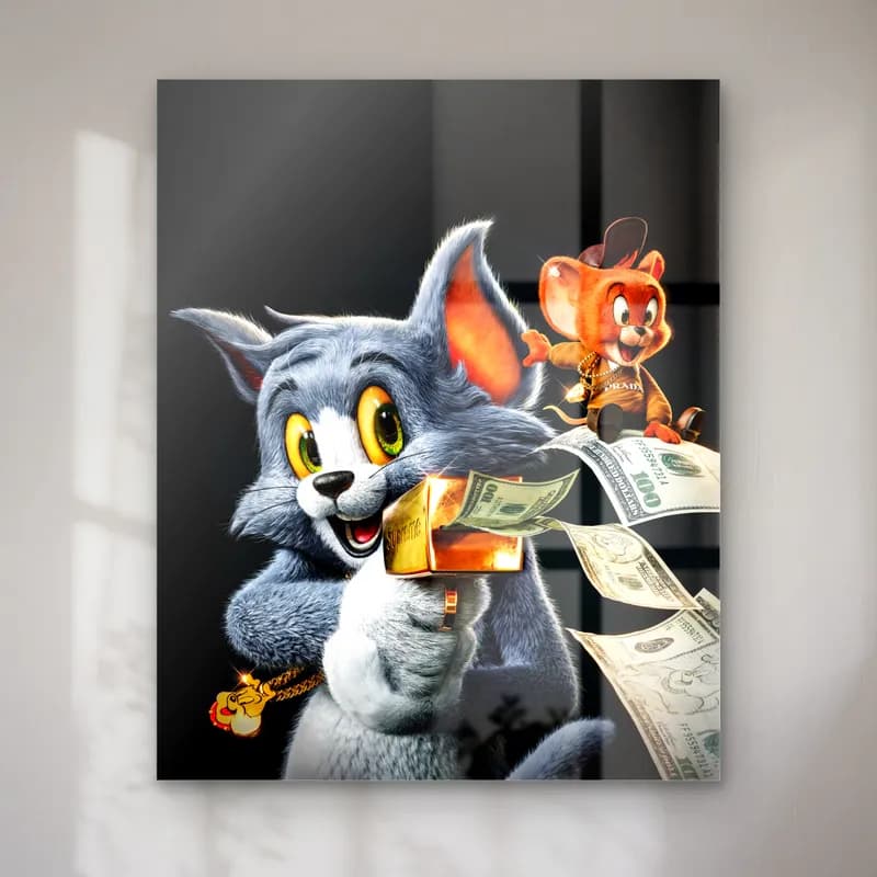 Dolarlı 3D Tom ve Jerry cam tablo — Altın külçe ısıran 3D Tom ve arkasında dolar tutan Jerry