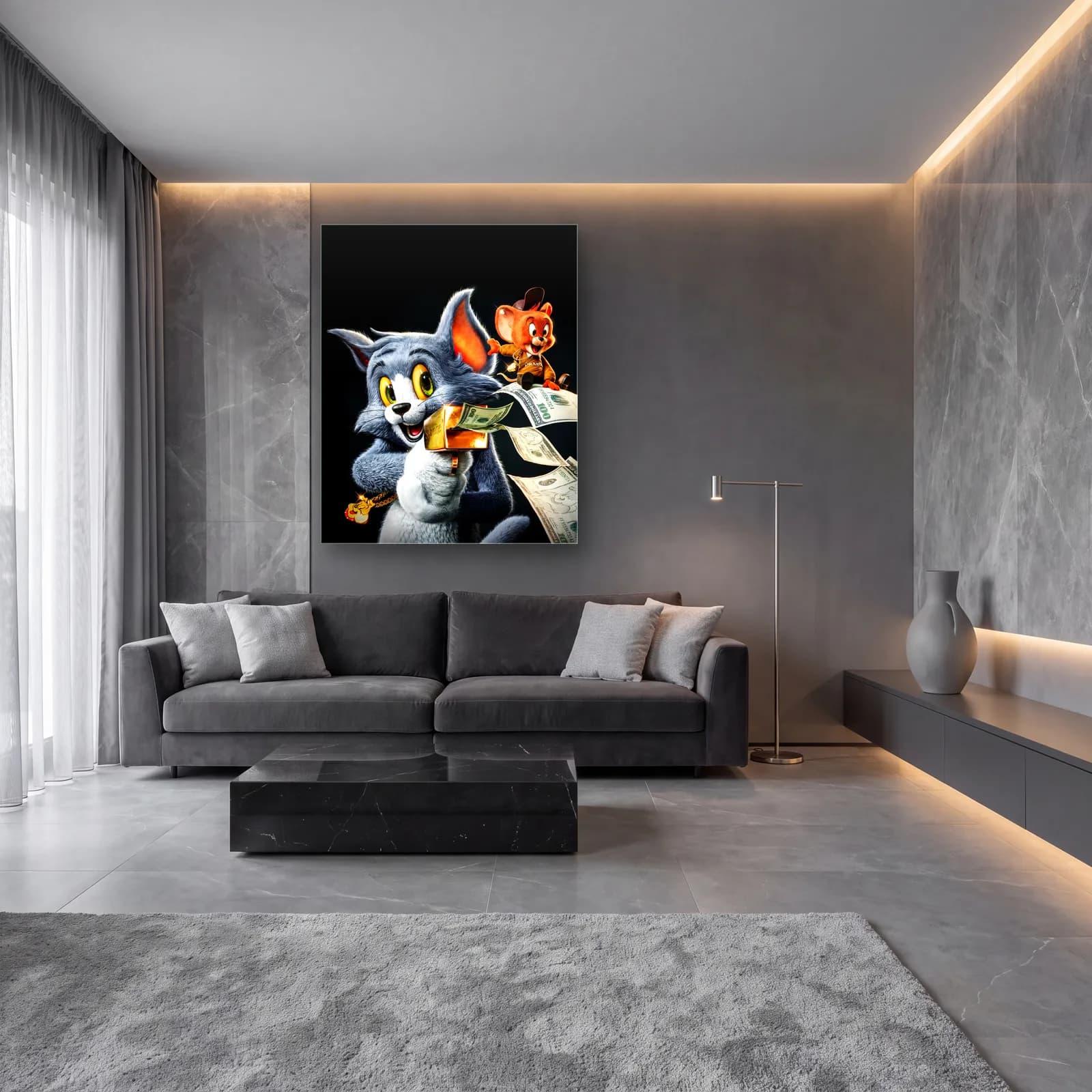 Dolarlı 3D Tom ve Jerry cam tablo — lüks salon duvarında