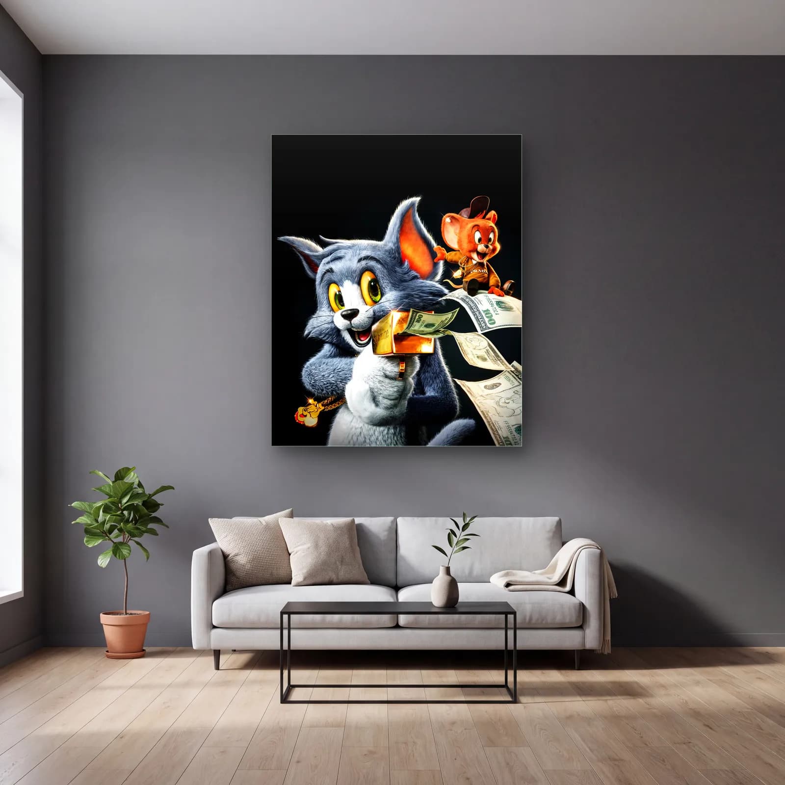 Dolarlı 3D Tom ve Jerry cam tablo — gri duvarlı salonda