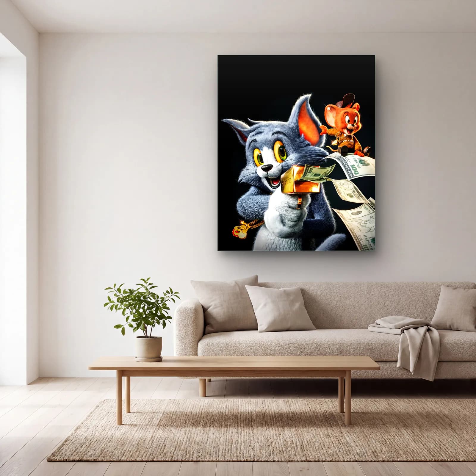 Dolarlı 3D Tom ve Jerry cam tablo — açık renk salonda