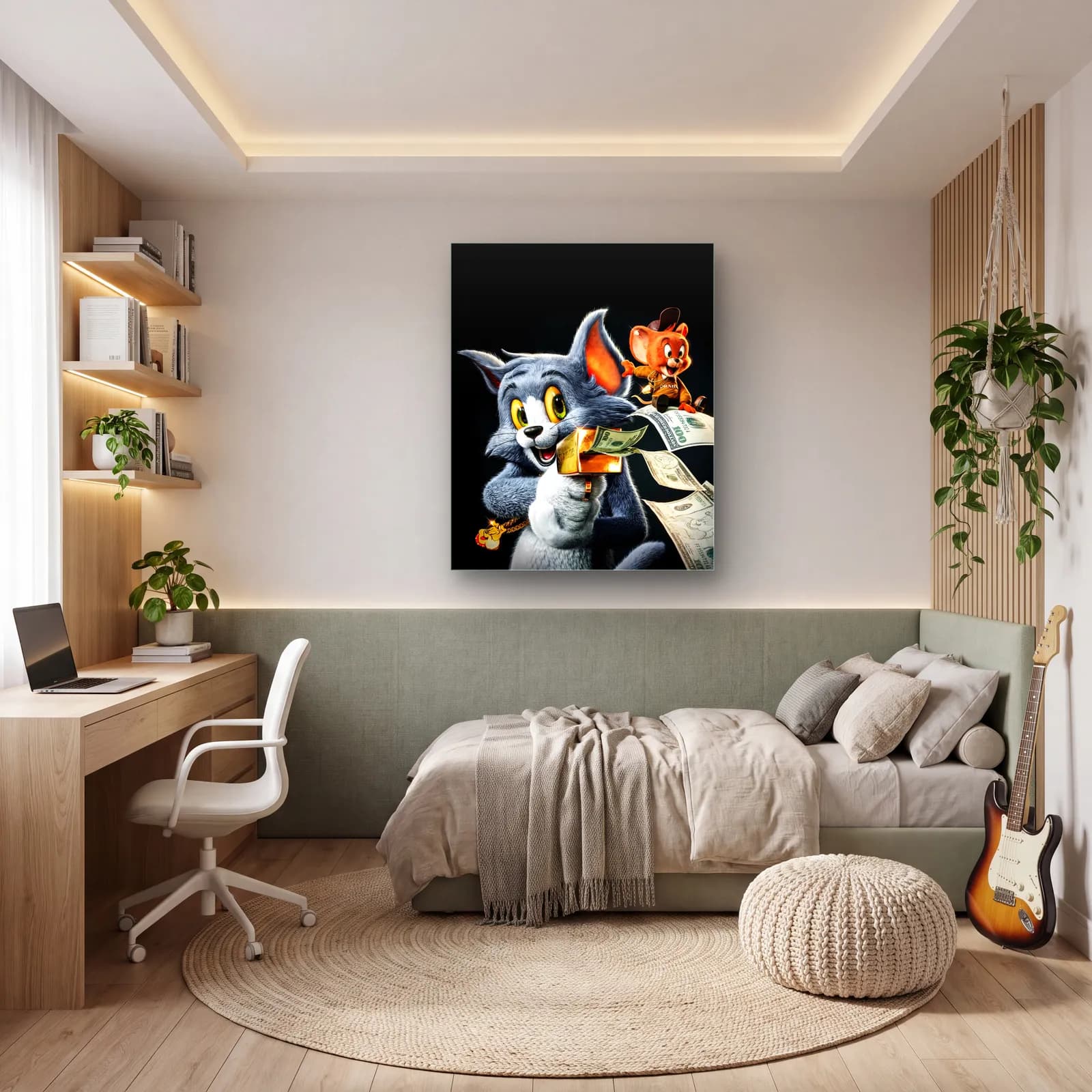 Dolarlı 3D Tom ve Jerry cam tablo — genç odasında