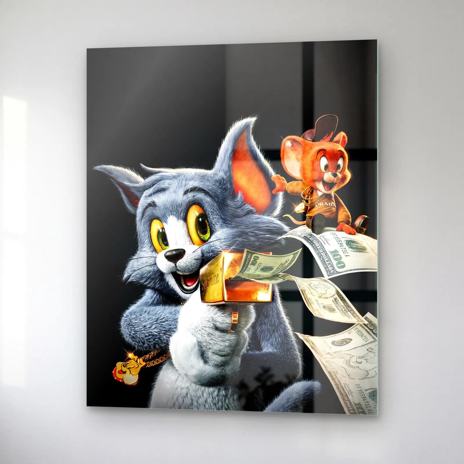Dolarlı 3D Tom ve Jerry cam tablo — sağ açıdan görünüm