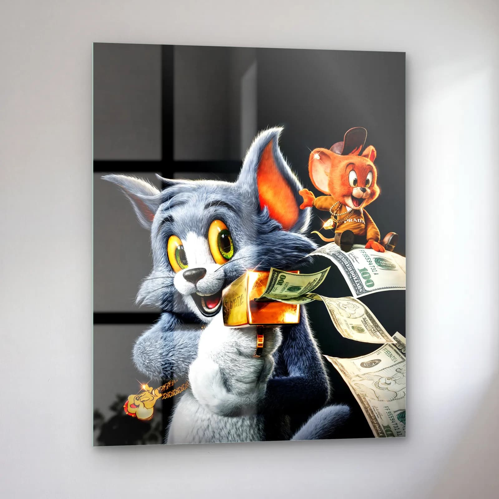 Dolarlı 3D Tom ve Jerry cam tablo — sol açıdan görünüm