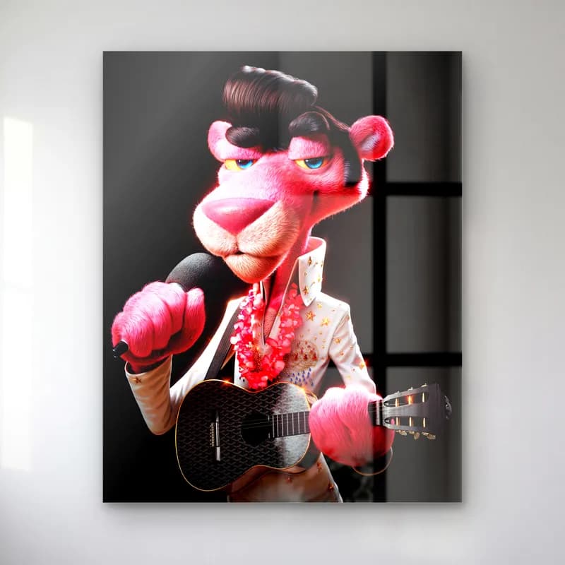Elvis Kostümlü 3D Pembe Panter cam tablo — Beyaz sahne kostümlü, mikrofon ve gitar tutan pompadour saçlı 3D Pembe Panter