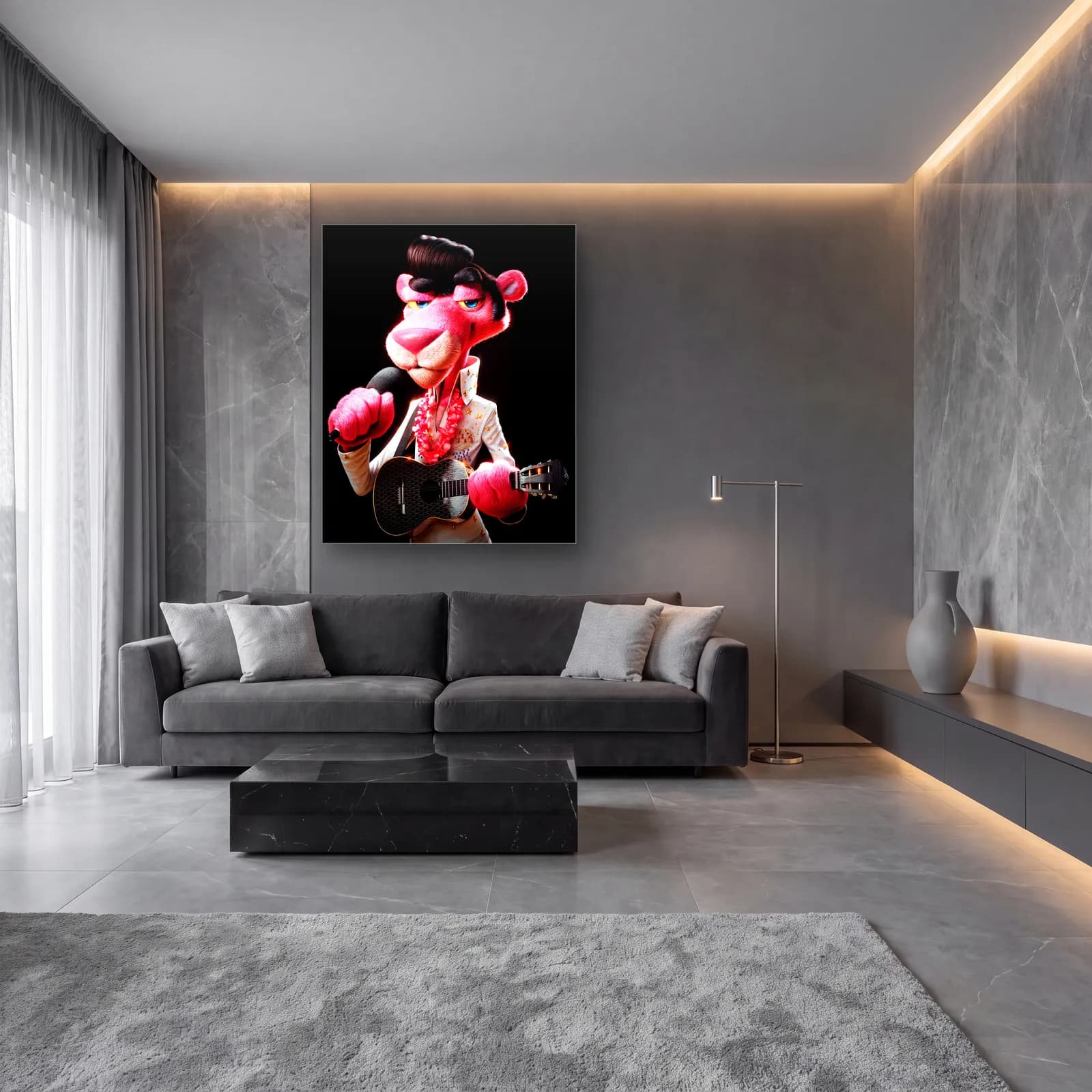 Elvis Kostümlü 3D Pembe Panter cam tablo — lüks salon duvarında