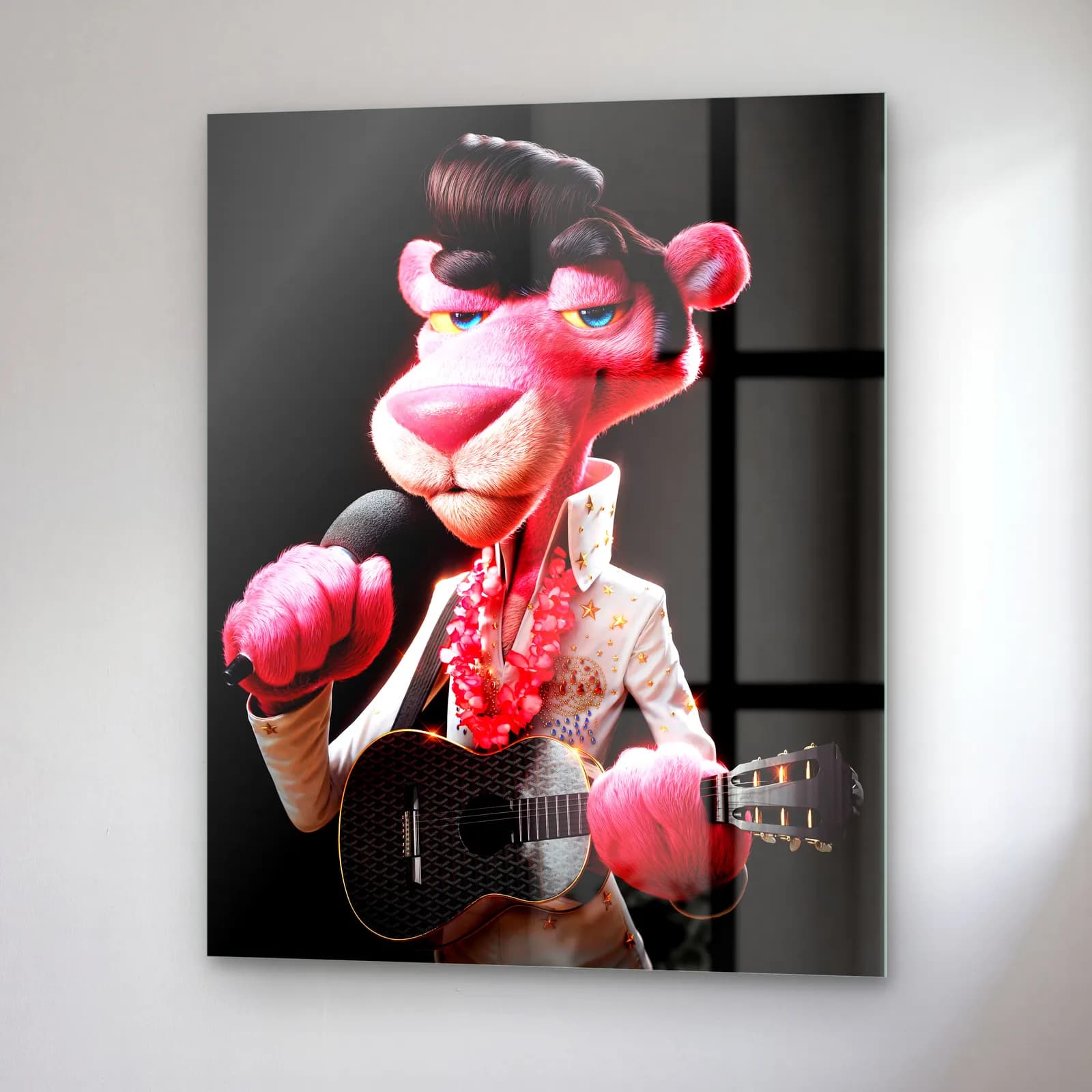Elvis Kostümlü 3D Pembe Panter cam tablo — sağ açıdan görünüm