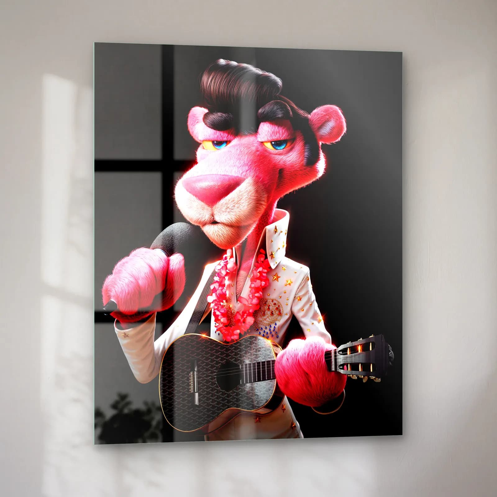 Elvis Kostümlü 3D Pembe Panter cam tablo — sol açıdan görünüm