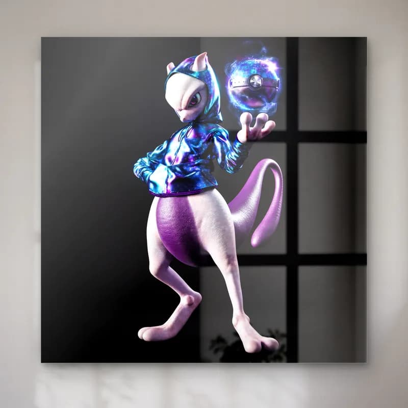 Metalik Ceketli 3D Mewtwo cam tablo — Siyah zeminde metalik ceketli, elinde enerji küresi tutan 3D Mewtwo
