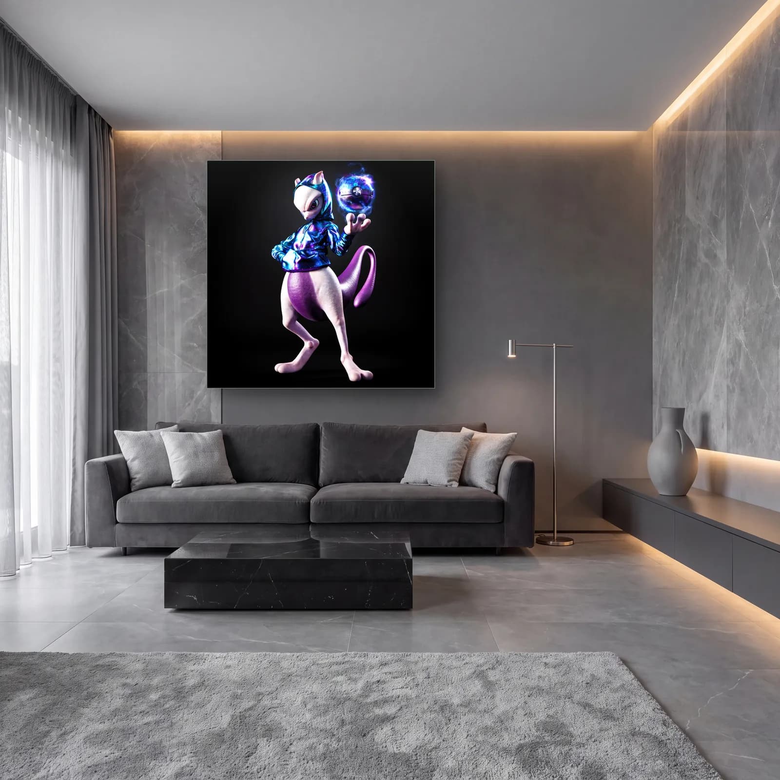 Metalik Ceketli 3D Mewtwo cam tablo — lüks salon duvarında