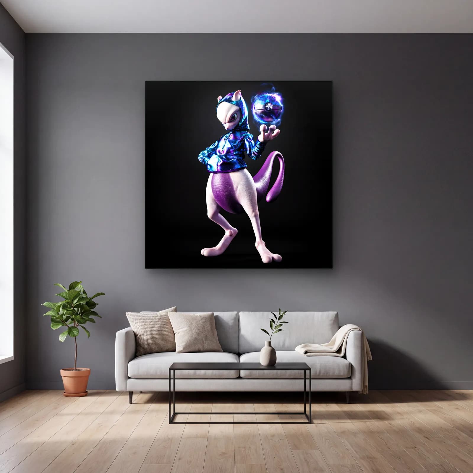 Metalik Ceketli 3D Mewtwo cam tablo — gri duvarlı salonda