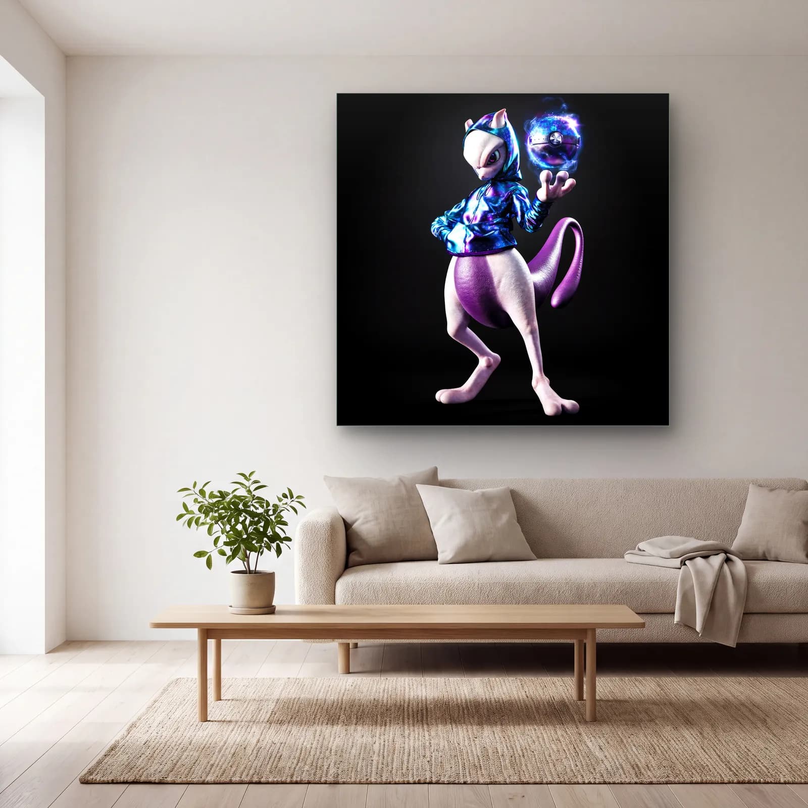 Metalik Ceketli 3D Mewtwo cam tablo — açık renk salonda