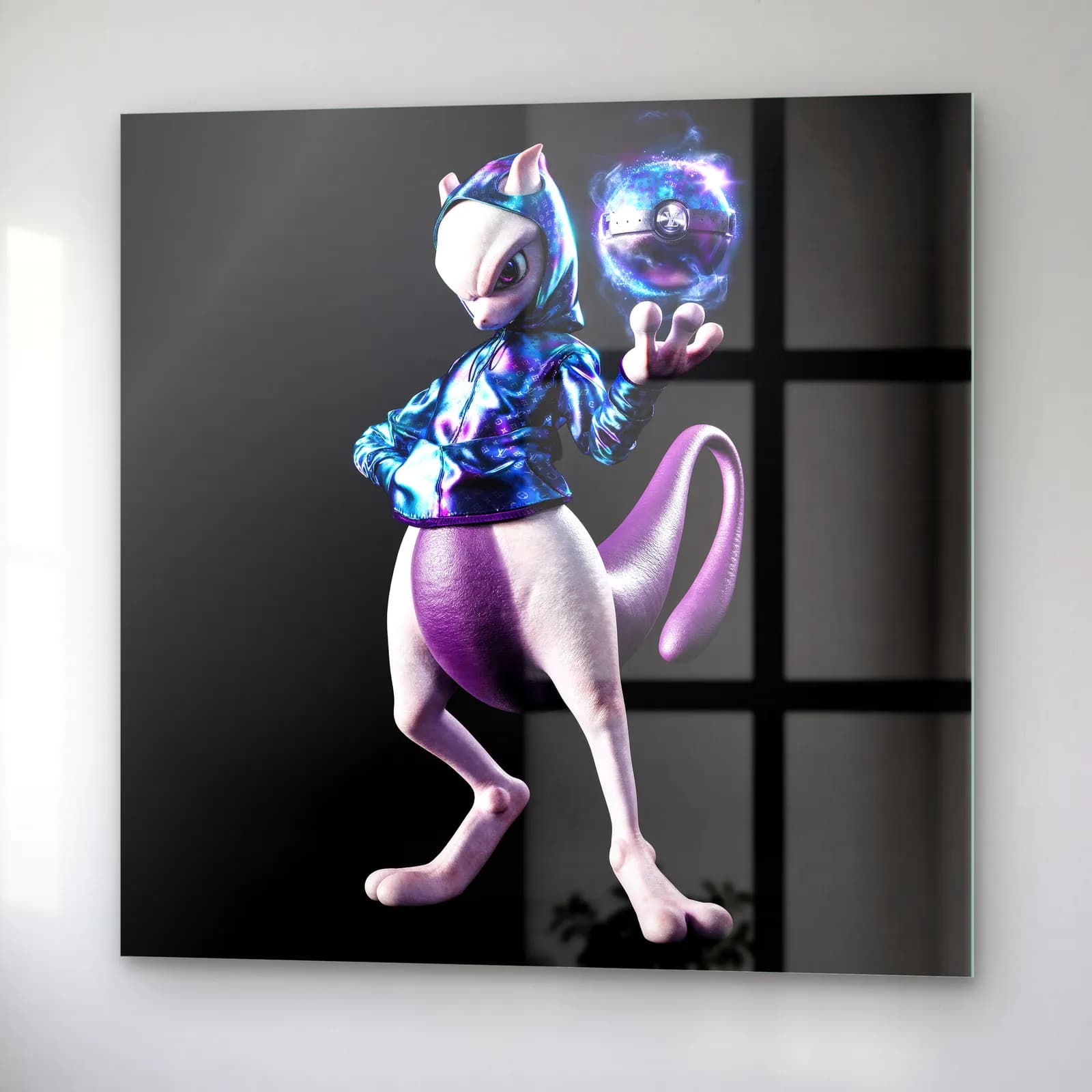 Metalik Ceketli 3D Mewtwo cam tablo — sağ açıdan görünüm