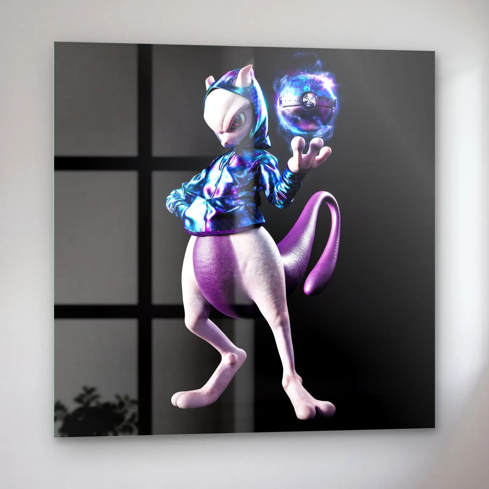 Metalik Ceketli 3D Mewtwo cam tablo — sol açıdan görünüm
