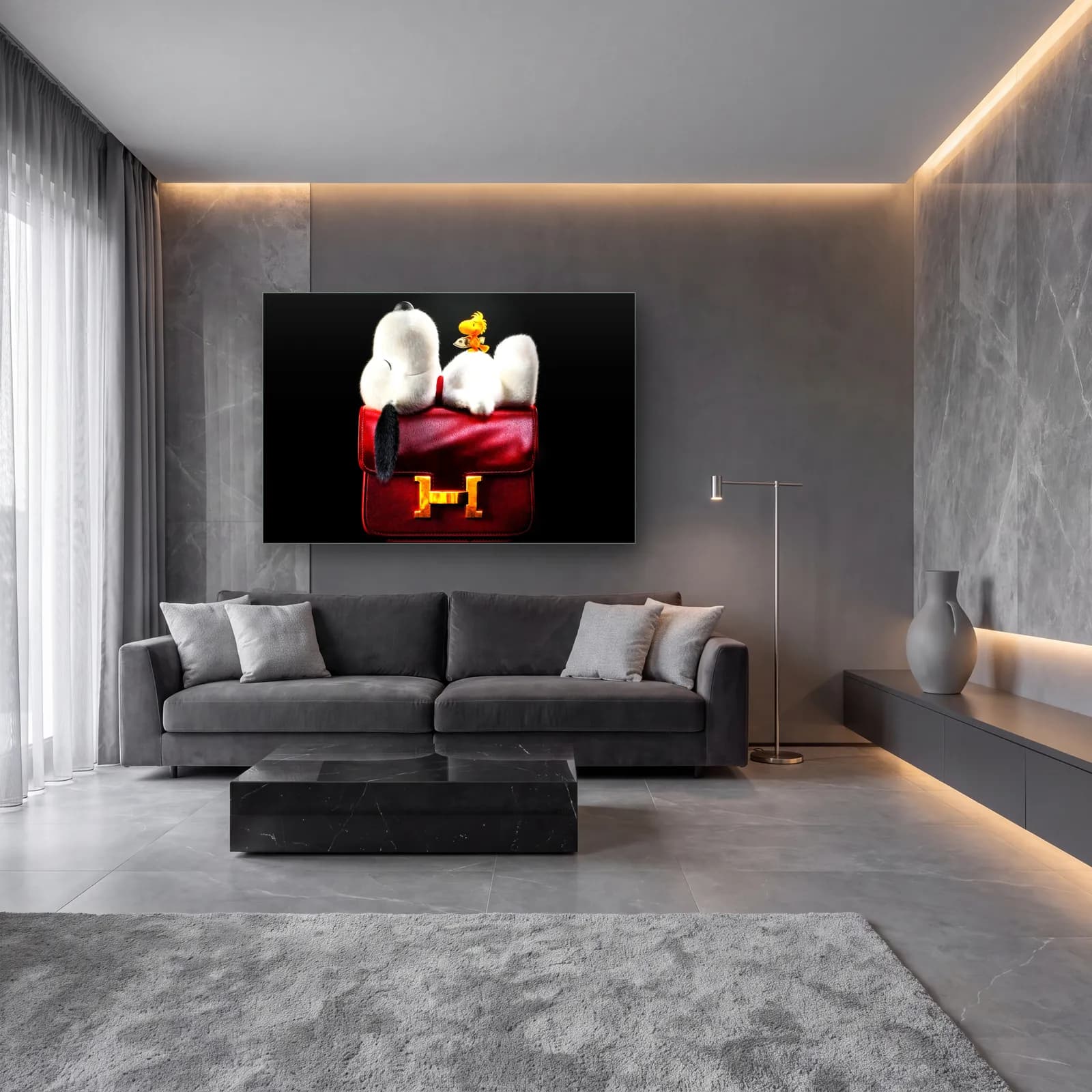Hermès Çanta Üstünde Snoopy cam tablo — lüks salon duvarında