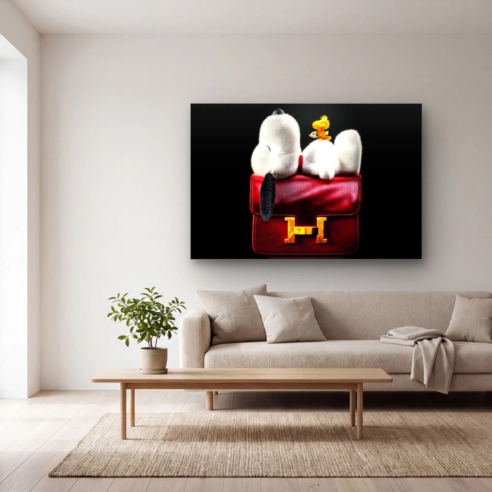 Hermès Çanta Üstünde Snoopy cam tablo — açık renk salonda