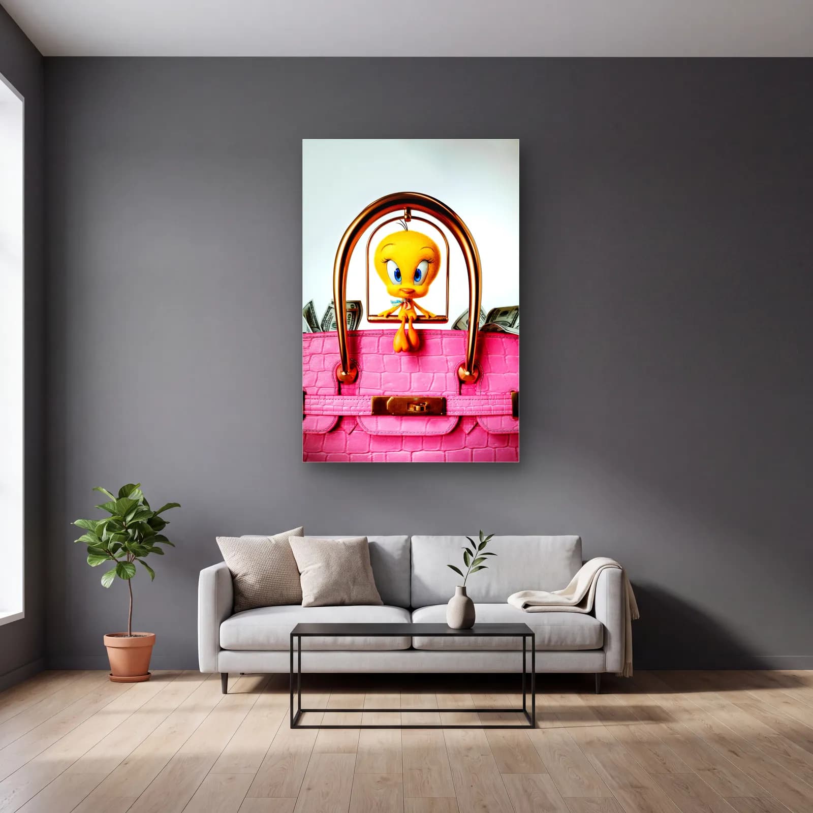 Pembe Birkin Çantada Tweety cam tablo — gri duvarlı salonda