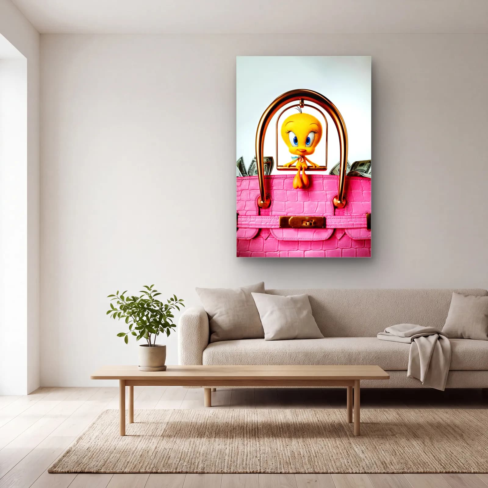 Pembe Birkin Çantada Tweety cam tablo — açık renk salonda